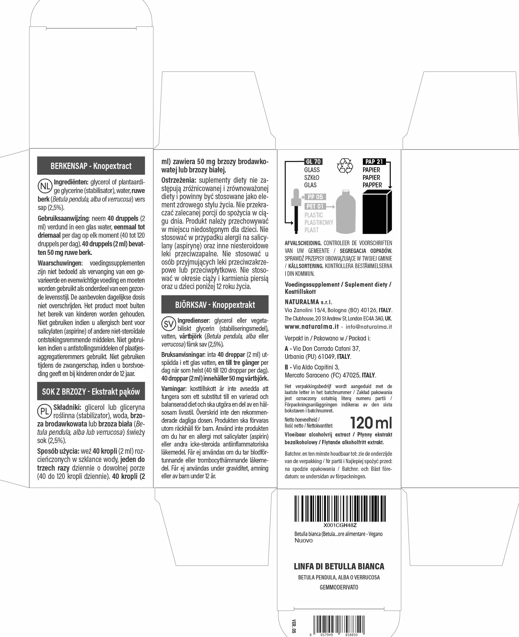 Brzoza brodawkowata lub Brzoza biała (Betula pendula, alba lub verrucosa) Bezalkoholowy ekstrakt ze świeżych pączków Naturalma - Płynny ekstrakt w kroplach 120 ml - Suplement diety - Wegański