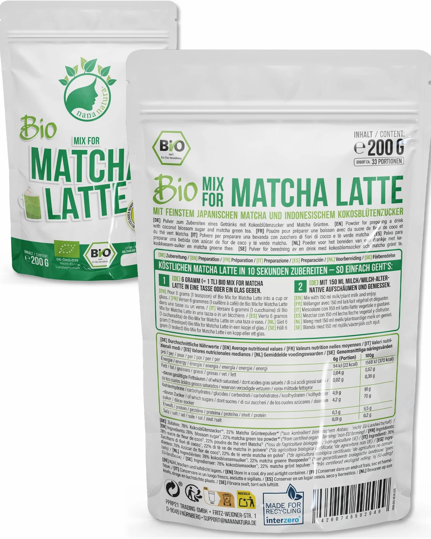 NanaNatura 's Bio Matcha Latte Mix z 22% japońską zieloną herbatą matcha w proszku i cukrem z kwiatami kokosowymi | zapewnia po prostu pyszną przyjemność z herbaty | również do lodów i wypieków