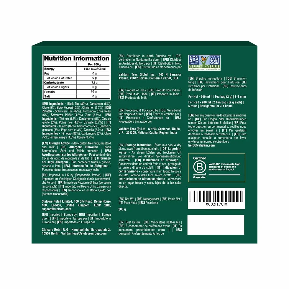 VAHDAM, Indyjska oryginalna torebka herbaty Masala Chai (100 torebek herbaty piramidowej), 100% naturalne przyprawy – czarna herbata, kardamon, cynamon, czarny pieprz i goździki, mieszane i pakowane w