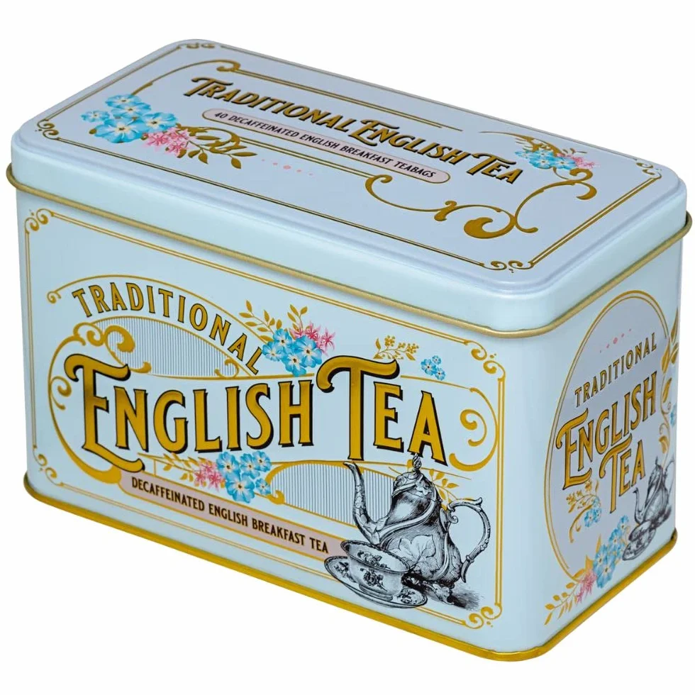 New English Teas Vintage wiktoriański Power Blue pojemnik na herbatę z 40 bezkofeinowymi angielskimi herbatami śniadaniowymi