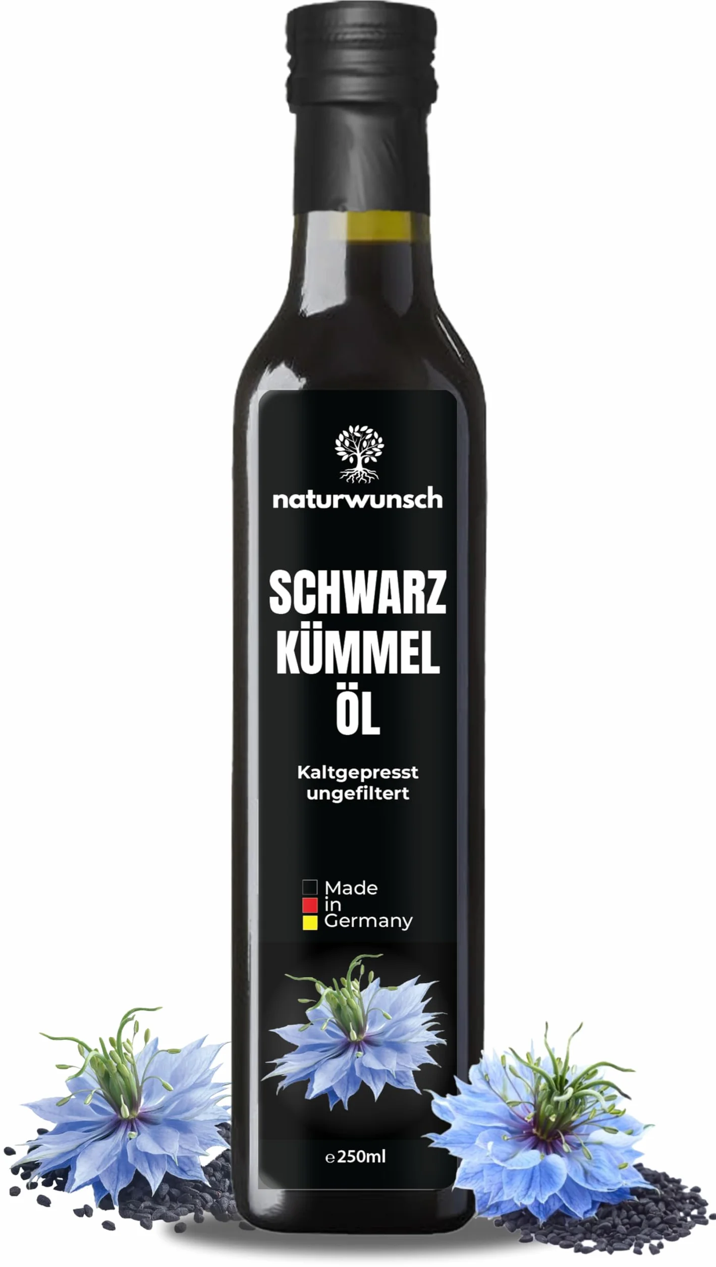 naturwunsch Olej z czarnuszki 250 ml, niefiltrowany, tłoczony na zimno, świeży z Niemiec, 100% czysty olejek z czarnuszki sativa