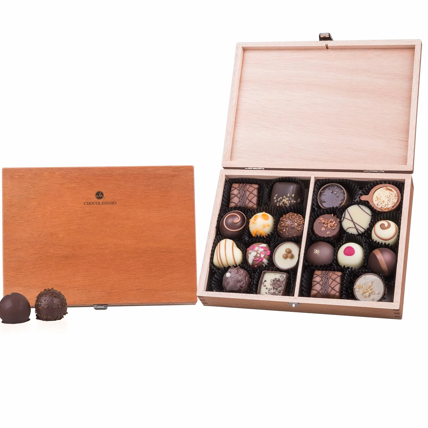 ChocoClassic bezalkoholowe drewniana skrzynka 20 pralinek ręcznie robione czekoladki elegancki prezent