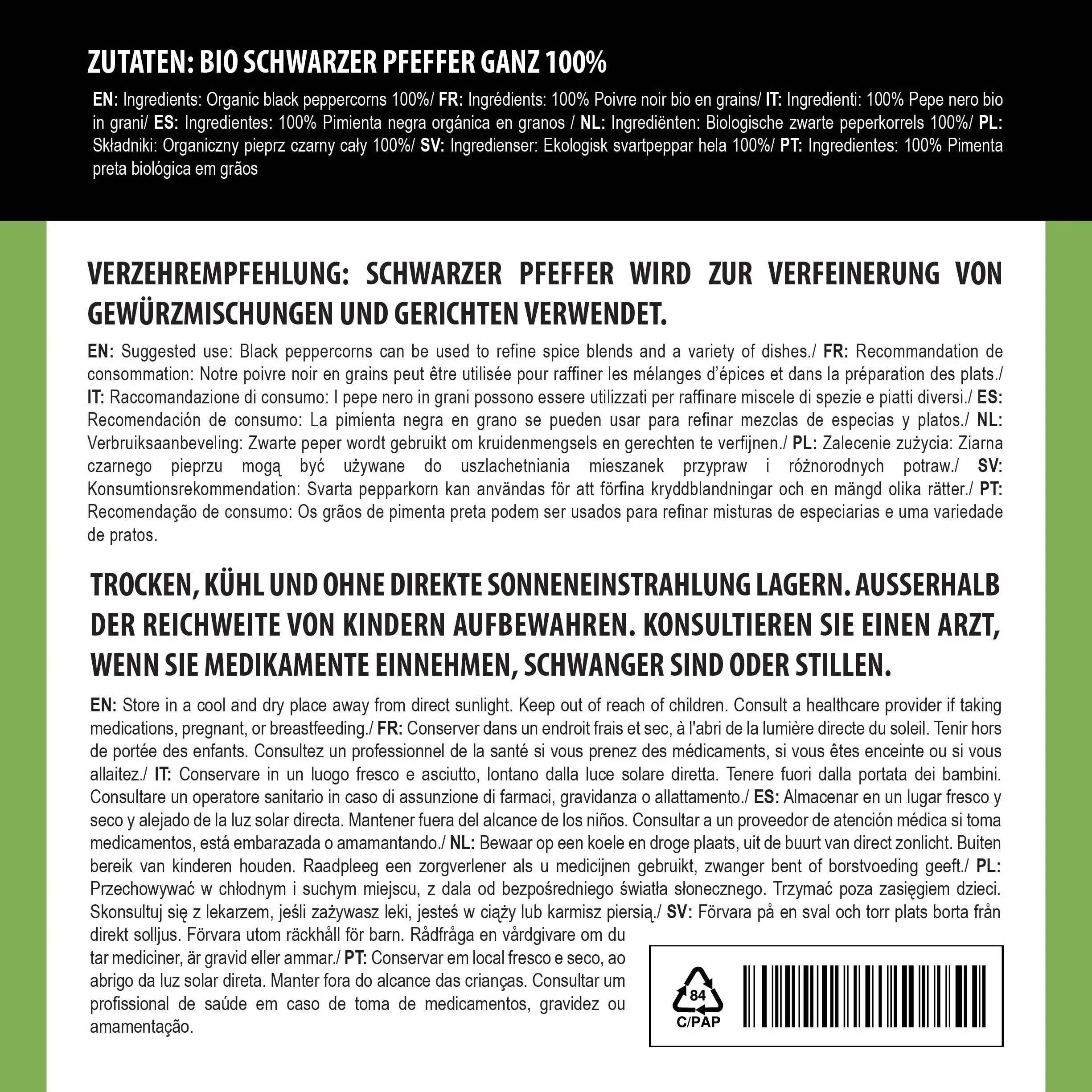 Alpi Nature Ekologiczny Czarny Pieprz 500g, Całe Ziarna Pieprzu, Całe Ziarna Czarnego Pieprzu