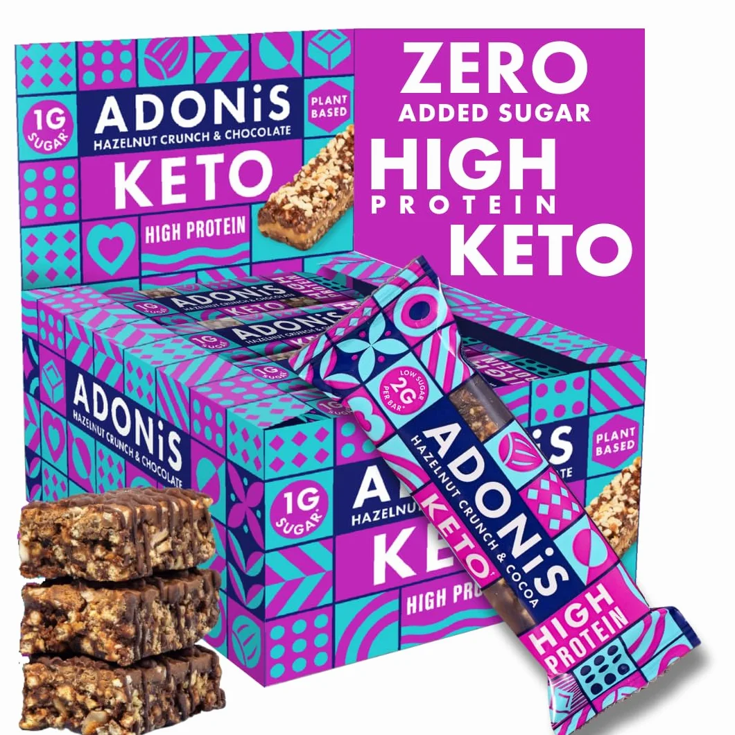 Adonis Proteinowy Keto Batonik Orzechami Laskowymi Czekolasowy Baton Keto Bar Naturalne Low Carb Wysoka białka Niskowęglowdanowy Wegański Niski Cukier Niskokaloryczne Utrata Wagi 16 Sztuk