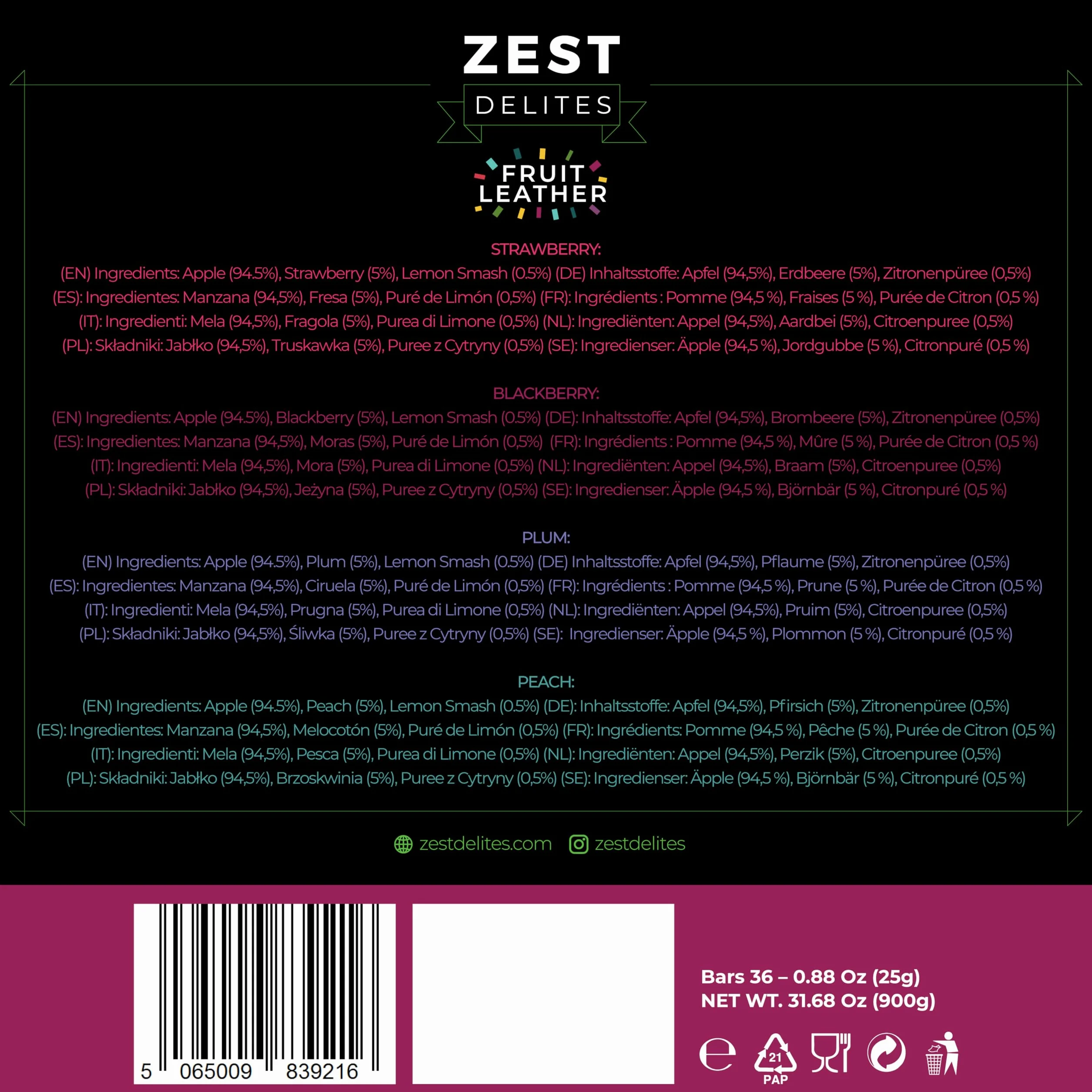 Zest Delites Fruit Leather Snacks, Gluten Free Vegan Healthy Snacks for Adults and Kids, Bulk Variety Snack Pack, 0.88 oz (Pack of 36) Strawberry, Blackberry, Apricot, Plum Fruit Bars