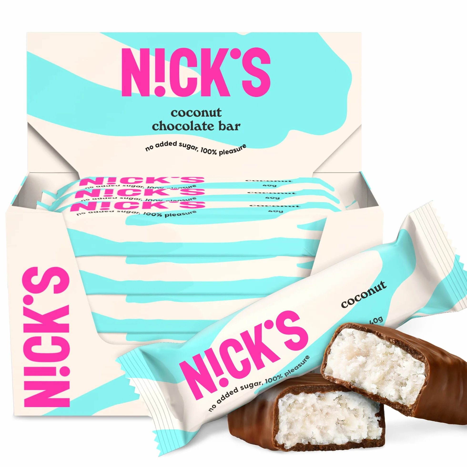 NICKS Keto Batony Coconut, Czekoladowo-kokosowy Przekąski, 175 kalorie, 2 węglowodanów netto, bez dodatku cukru, bezglutenowe, słodycze niskowęglowodanowe (15x40g)