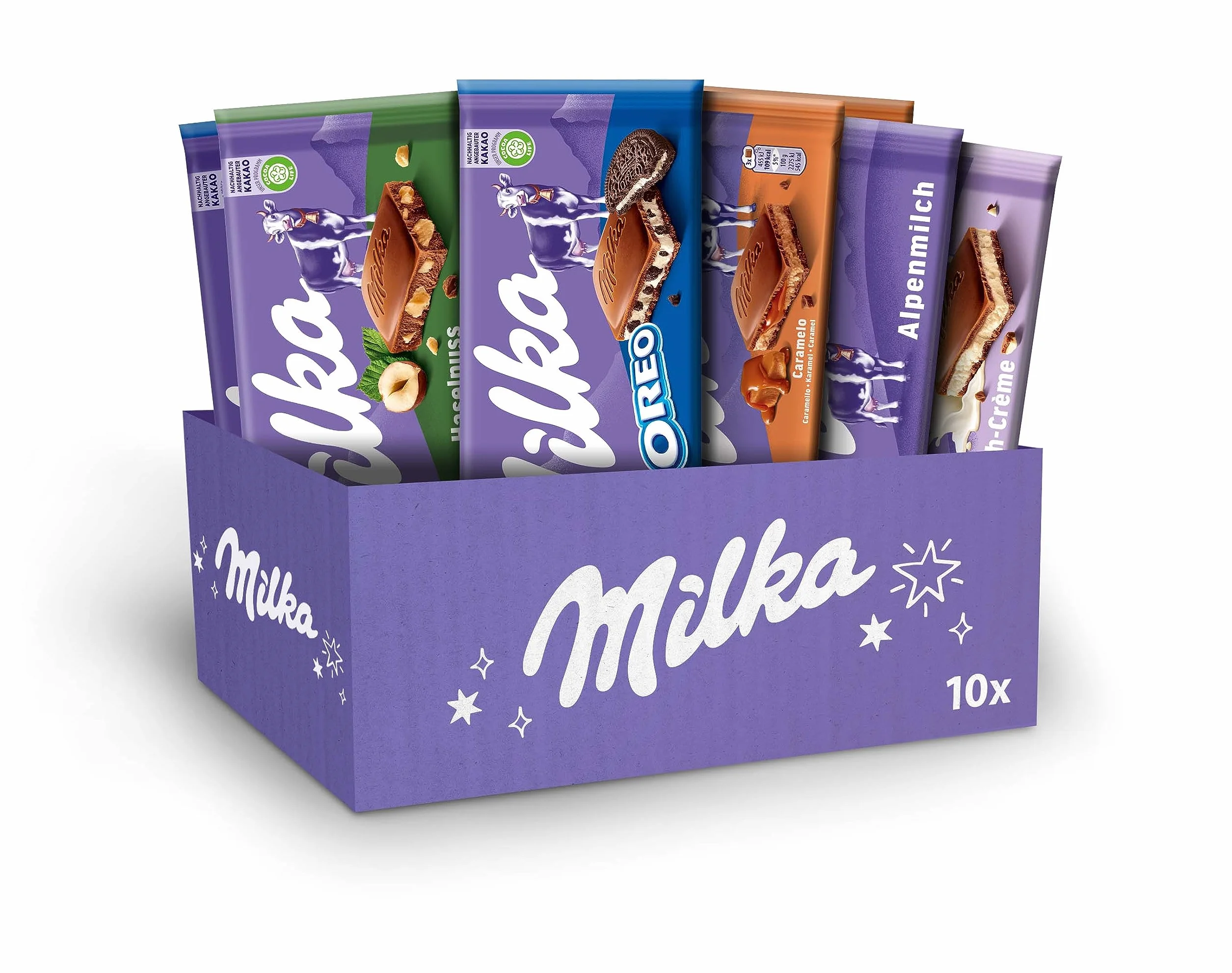 Milka Selection Box 1 kg I 10 Schokoladentafeln á 100g I 5 verschiedene Milka Sorten I inkl. Alpenmilch, Alpenmilchcréme, Haselnuss, Karamell, OREO I Tafelschokolade Geschenkbox I Schokoladen Geschenk