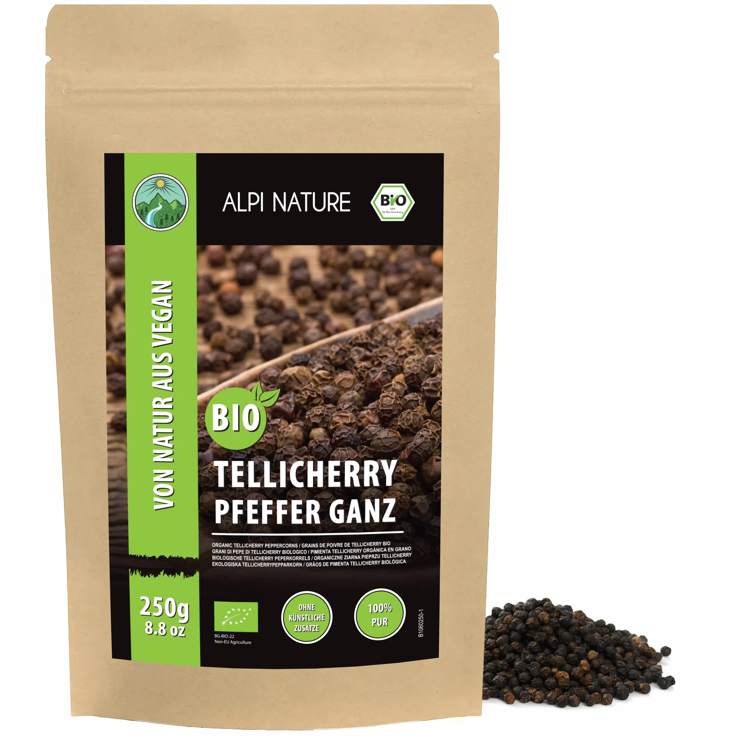 Alpi Nature Ekologiczny Czarny Pieprz Tellicherry 250g Całe Ziarna do Gotowania