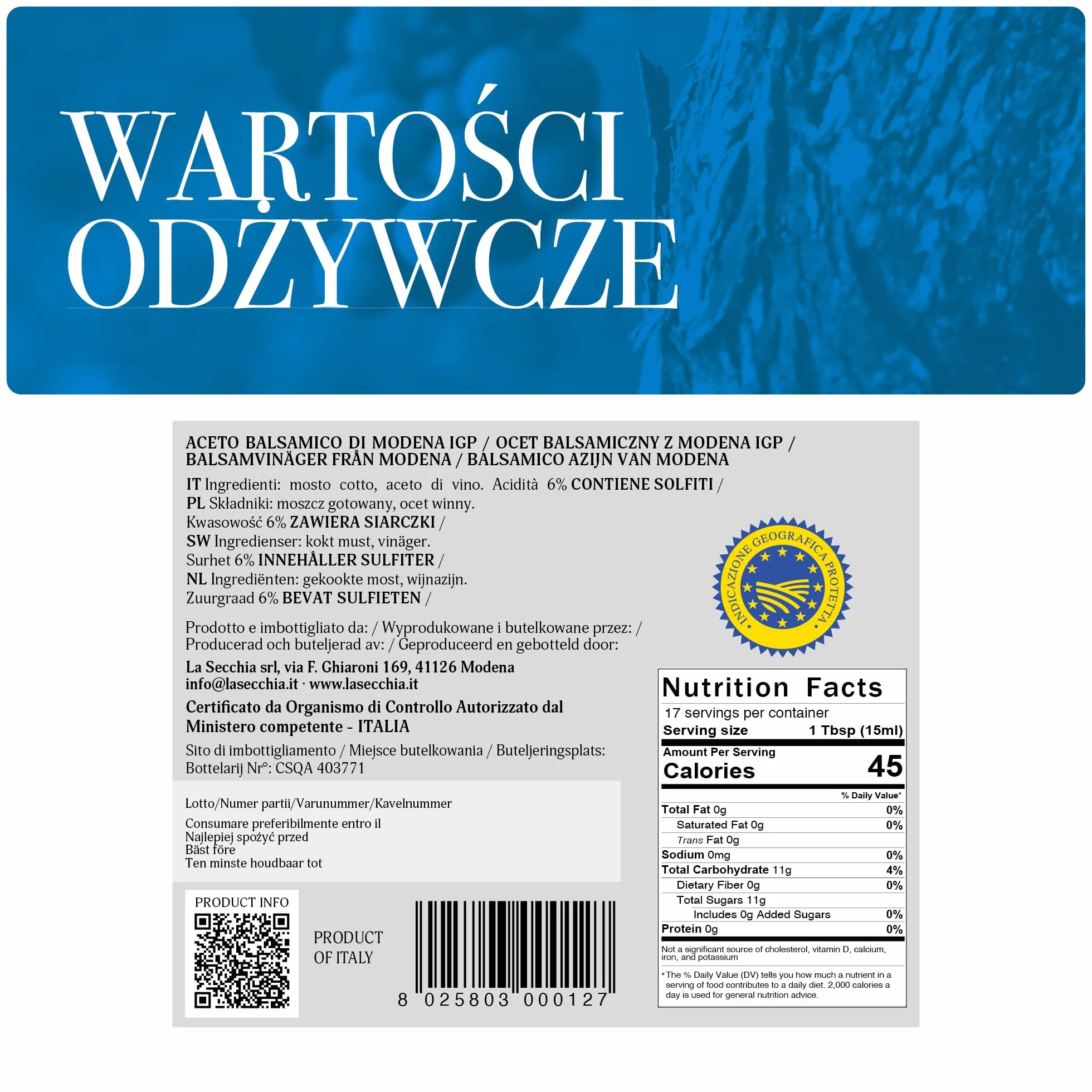 La Secchia - "Tre Stelle" ChOG Ocet Balsamiczny z Modeny, Dojrzewający w 12 Beczkach Wiśniowo-Morwowych, Średniej Gęstości, Butelka 250 ml z Korkiem Dozującym
