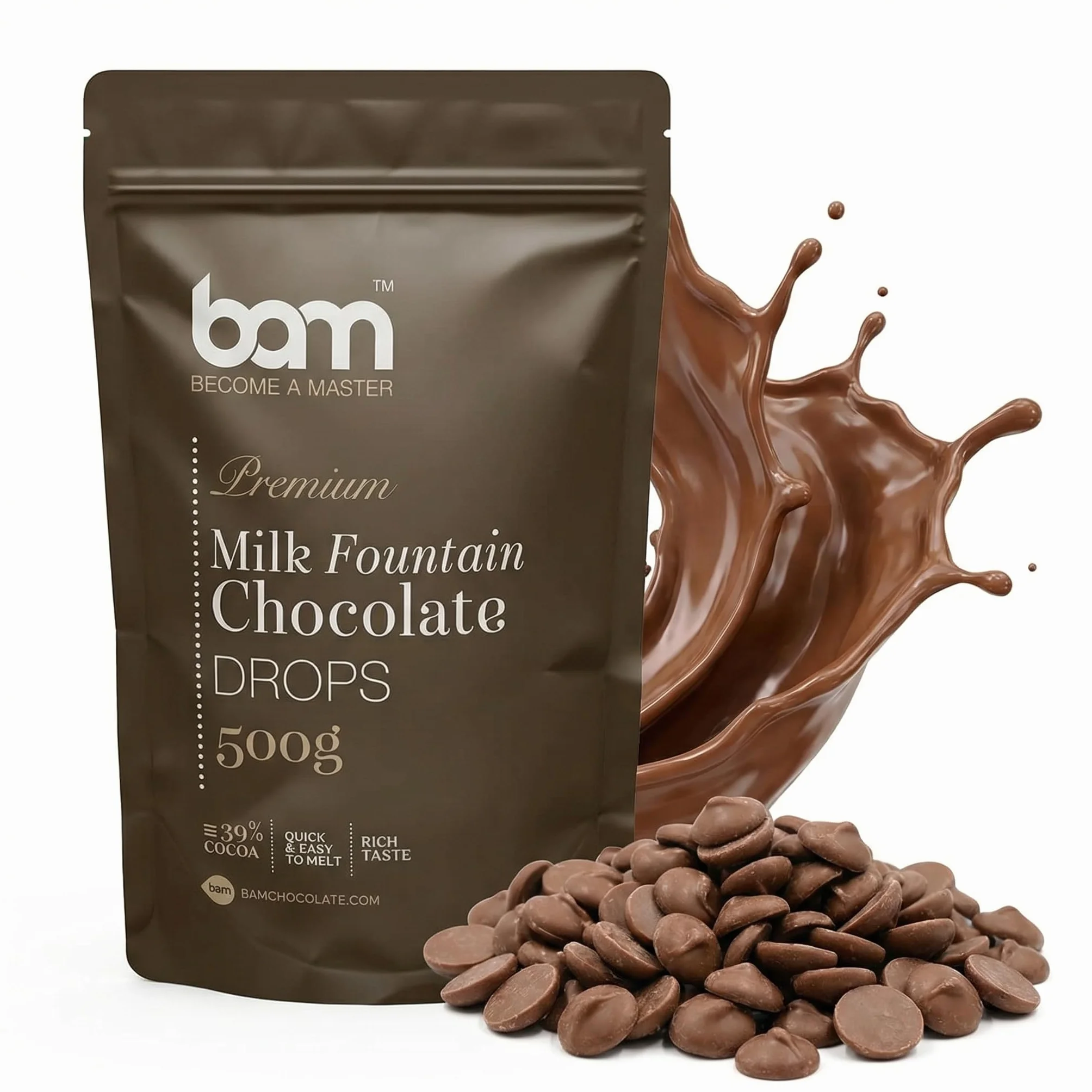 BAM Krople czekolady mlecznej premium do fontann czekoladowych, kaletek, chipsów do fondue czekoladowego, łatwe do stopienia, 500 g