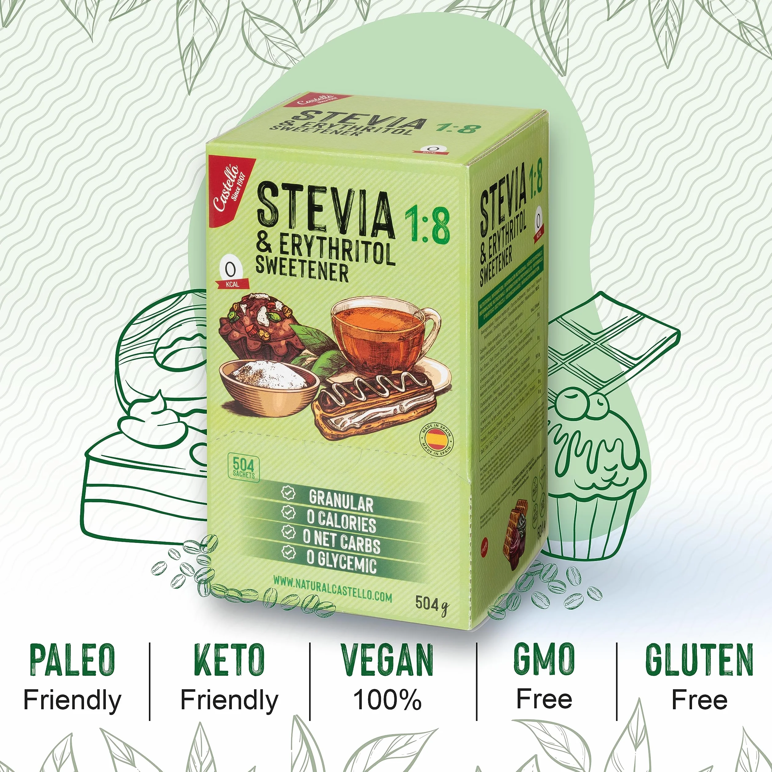 Słodzik Stevia + Erytrytol 1:8 | 504 saszetki po 1g | Słodzik o 100% naturalnym smaku - 0 Kalorii - 0 Indeks Glikemiczny - Keto i Paleo - 0 Węglowodanów Netto - Bez GMO - Castello since 1907-504 g