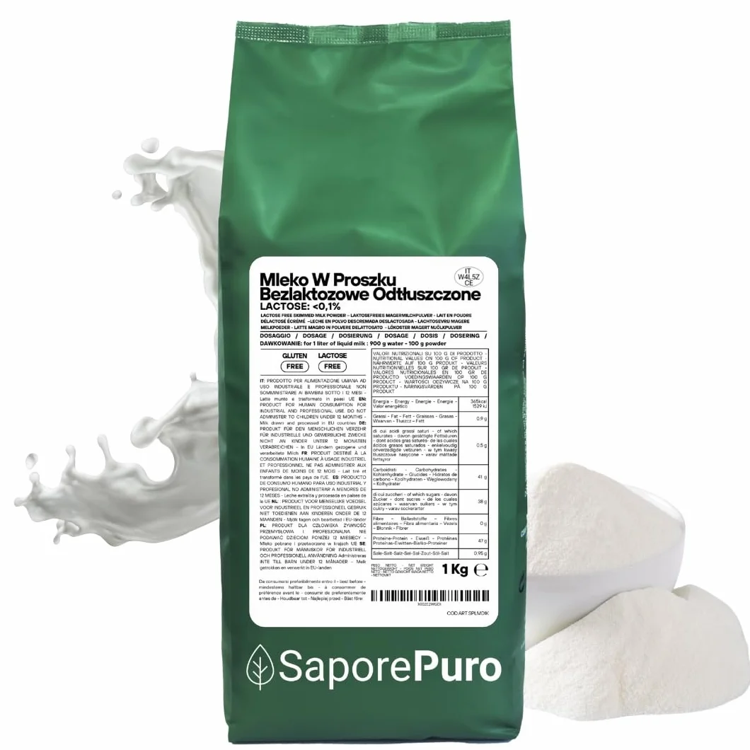 SaporePuro Odtłuszczone Mleko w Proszku Bez Laktozy 1 kg | Wysoka Rozpuszczalność | Idealne do Ciast, Chleba i Lodów | Zastosowanie Profesjonalne i Przemysłowe | Bez Laktozy | Bezglutenowe