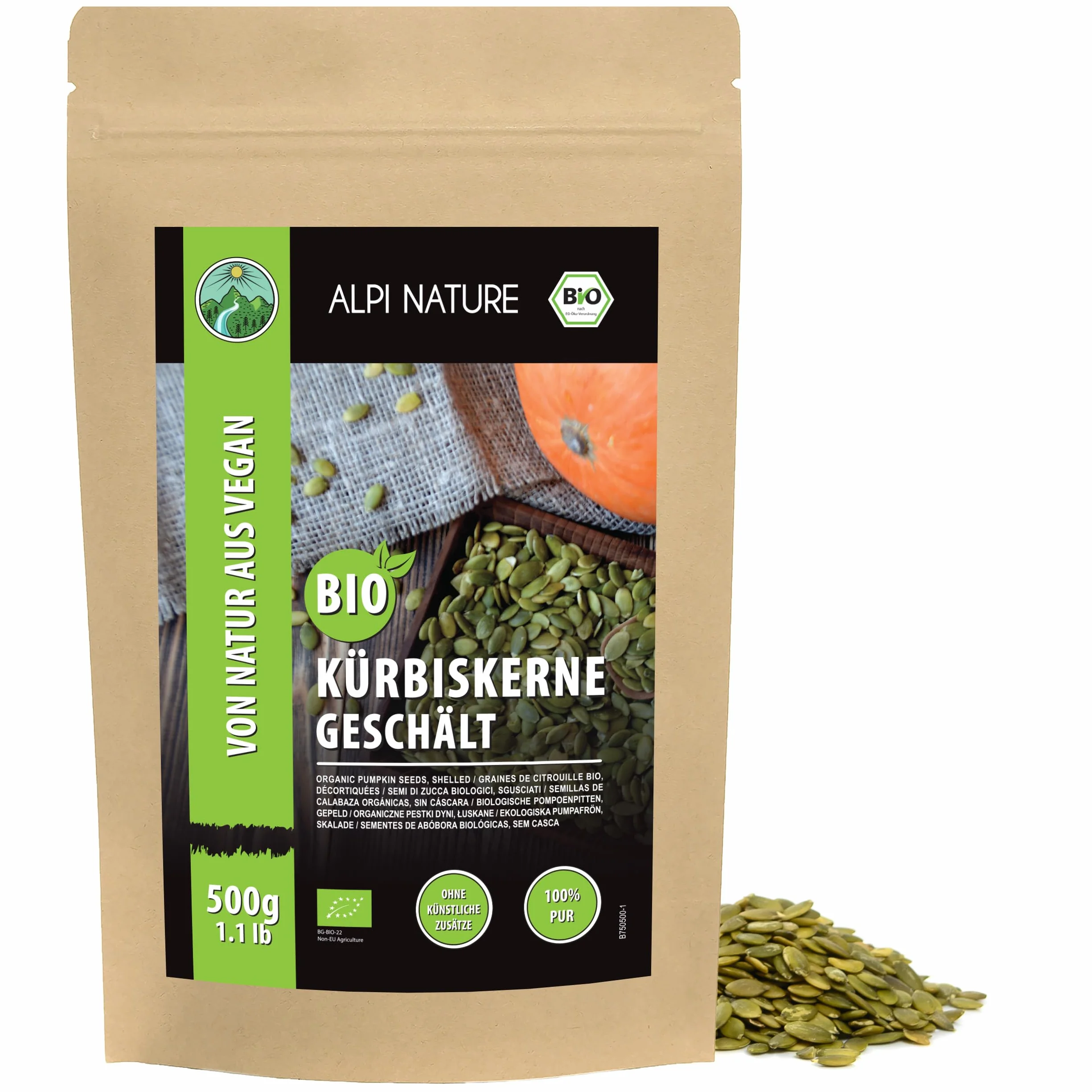 Alpi Nature Ekologiczne Pestki Dyni 500g, Surowe Łuskane Pestki Dyni do Jedzenia, Bezglutenowe