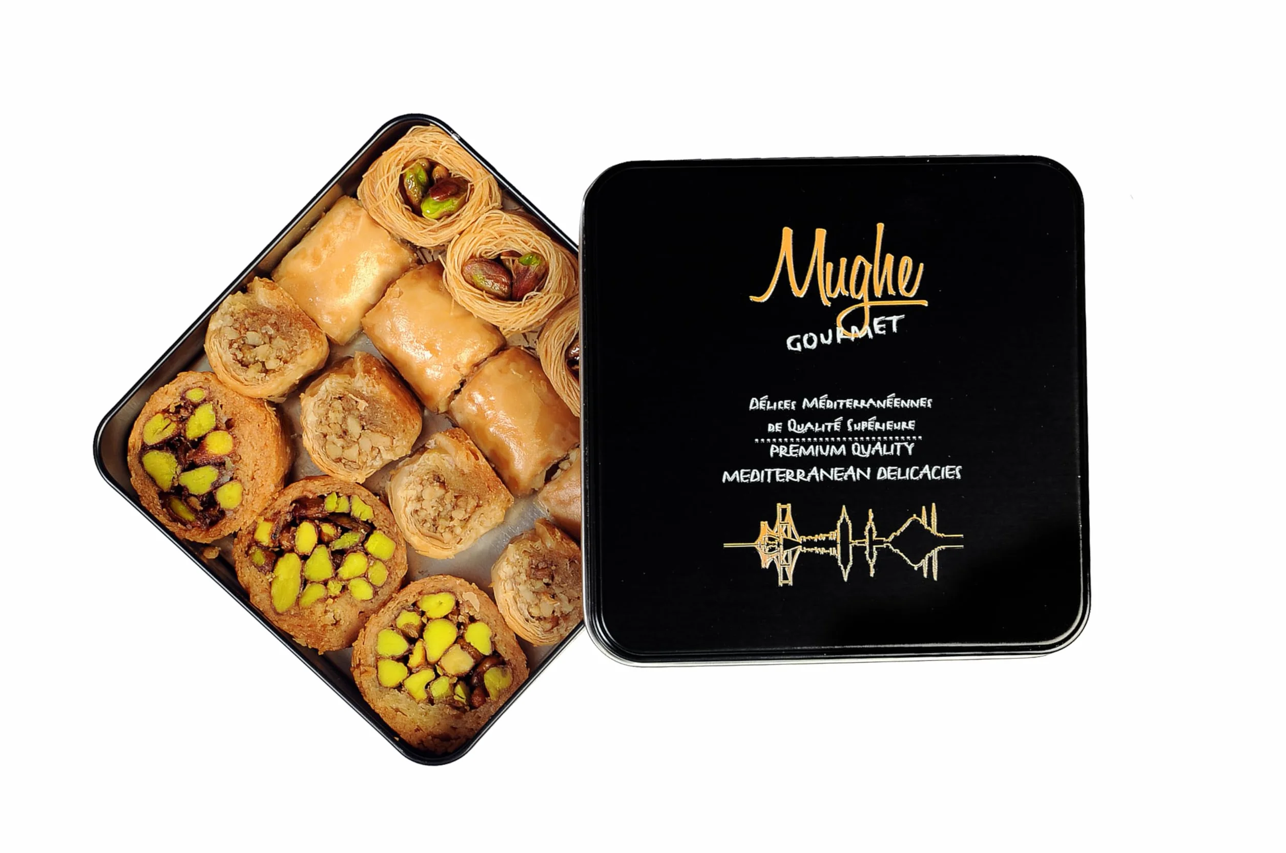 Mughe Gourmet Deluxe tureckie pistacje Baklava zestaw upominkowy 250g, wybranych wypieków Baklawa przysmaki ciasta liściastego, Mix Gourmet słodycze