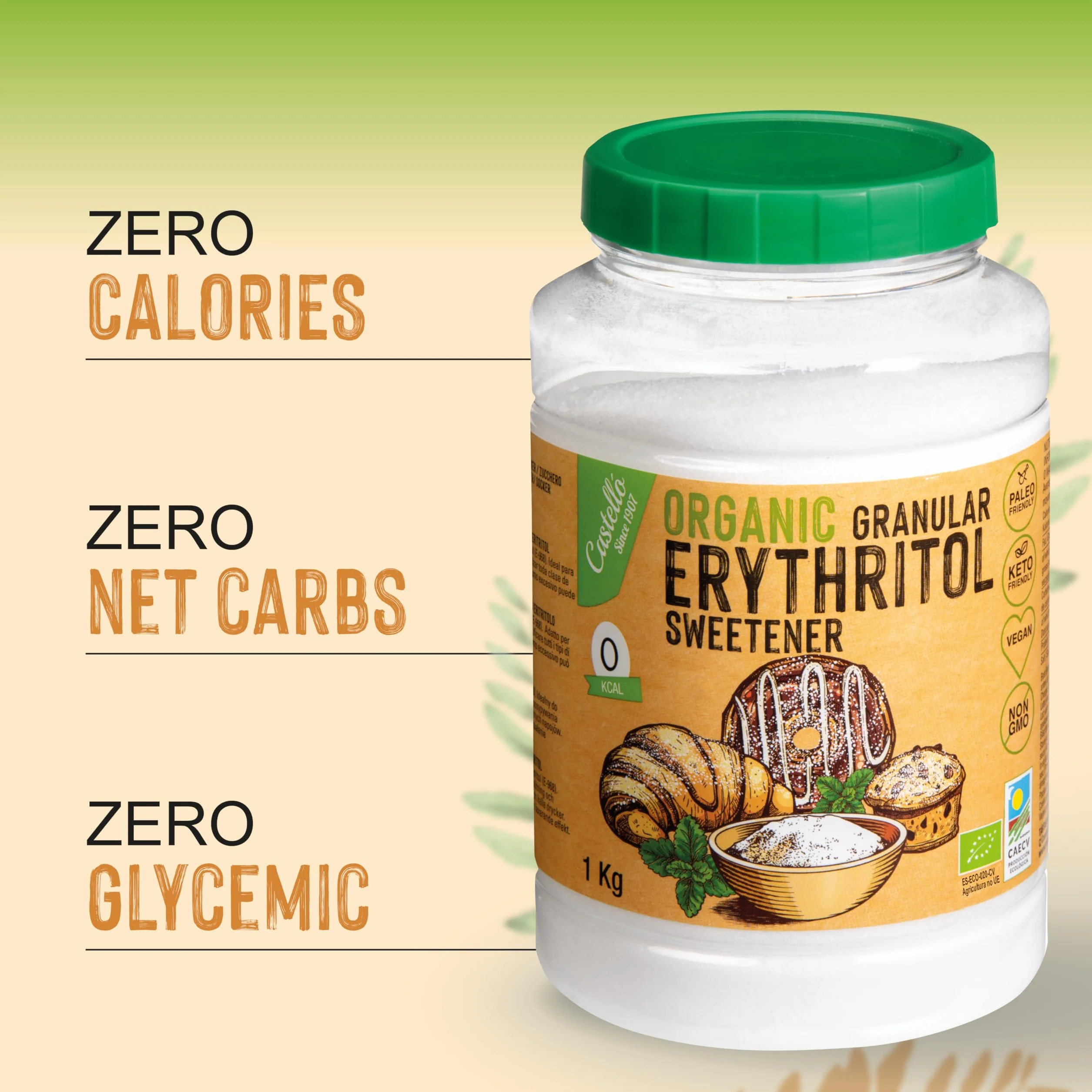 Słodzik z erytrytol Bio Organiczny Ekologiczny | 10g = 7g cukru | Zamiennik cukru - 0 Kalorii - 0 Indeks Glikemiczny - Keto i Paleo - 0 Węglowodanów Netto - Bez GMO - Castello since 1907-1 kg