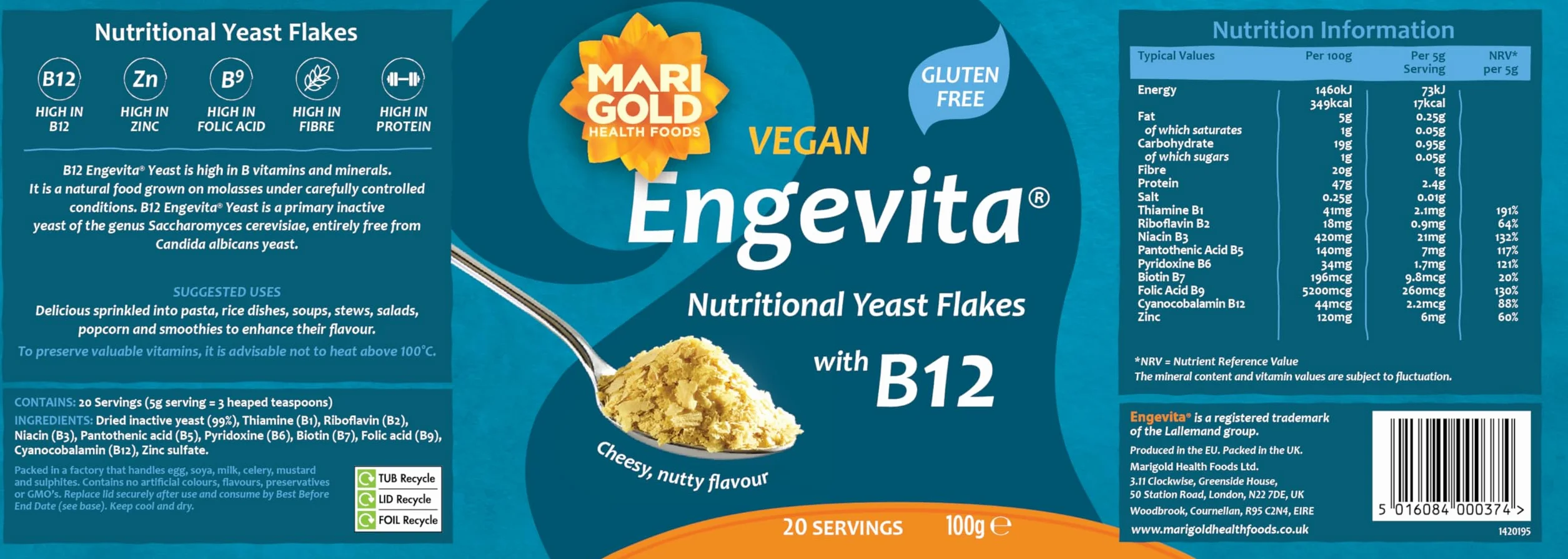 Marigold Health Foods Engevita Savoury Yeast Condiment With B12 100 G Zestaw 3 Szt.