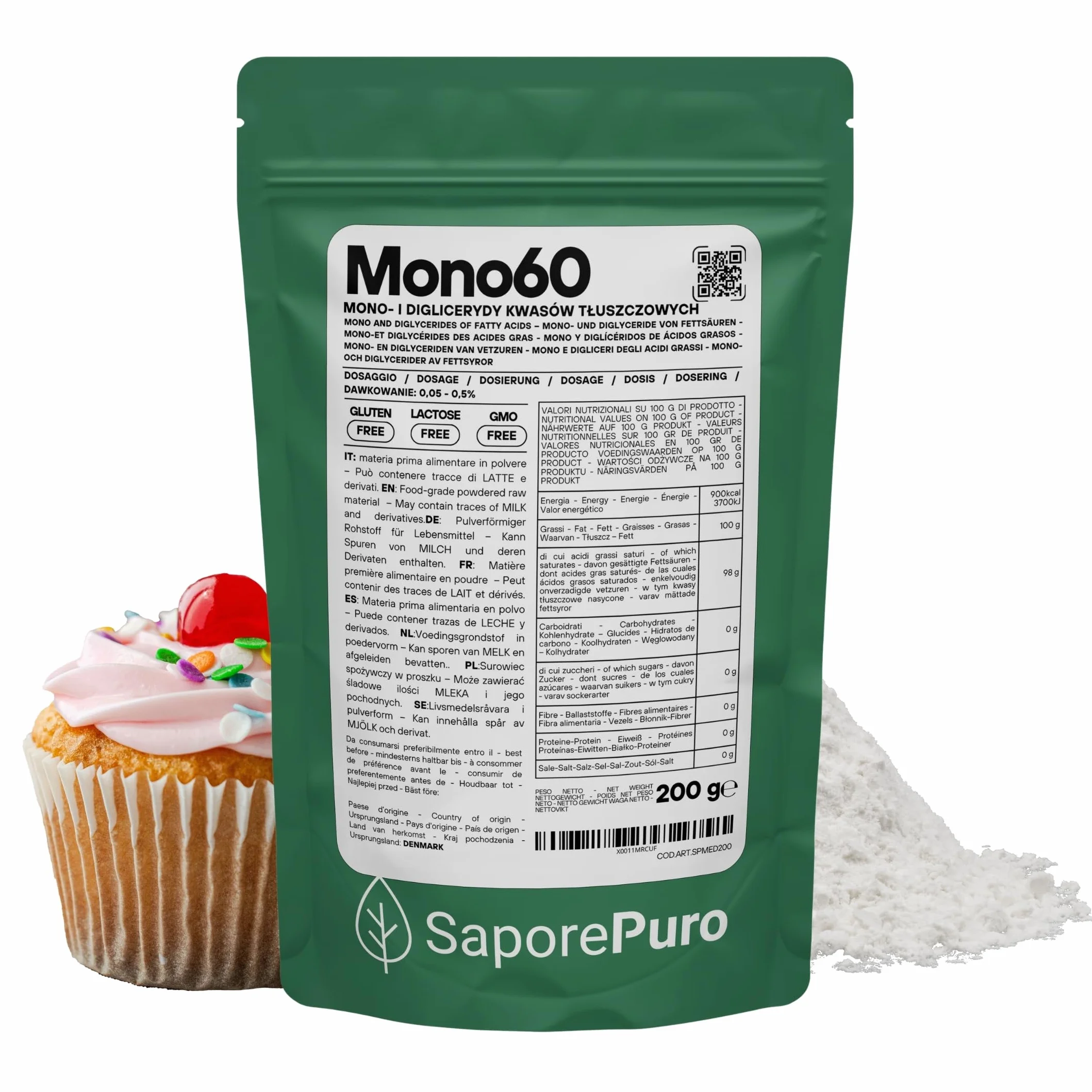 SaporePuro Mono60 – Mono- i Diglicerydy Kwasów Tłuszczowych 200 g – Roślinny, Bezglutenowy Emulgator Spożywczy do Lodów, Sorbetów, Margaryn, Kremów i Wyrobów Cukierniczych
