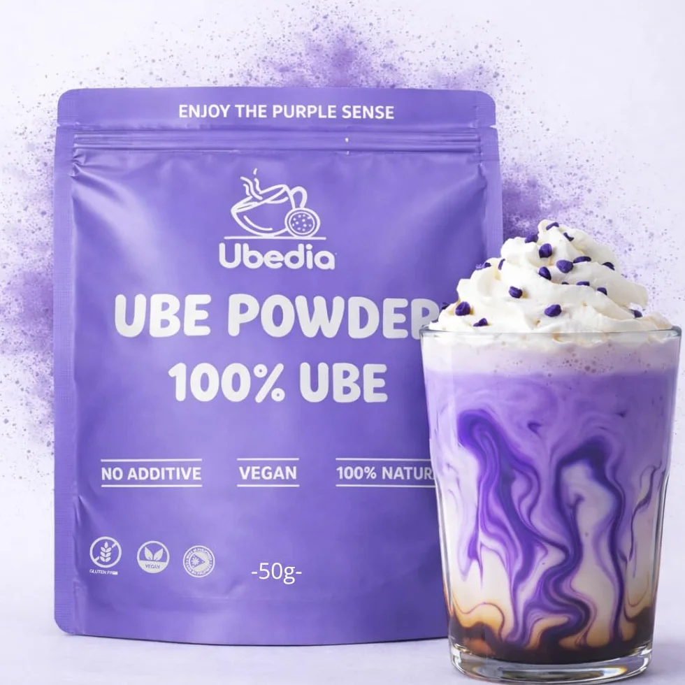 Proszek z Ube ◈ 50 g ◈ 100% czysty, naturalny proszek z ube ◈ Jakość premium ◈ Gwarantowane pochodzenie: Filipiny ◈ Bez dodatków i barwników ◈ Wegański i bezglutenowy ◈ Idealny do napojów i wypieków
