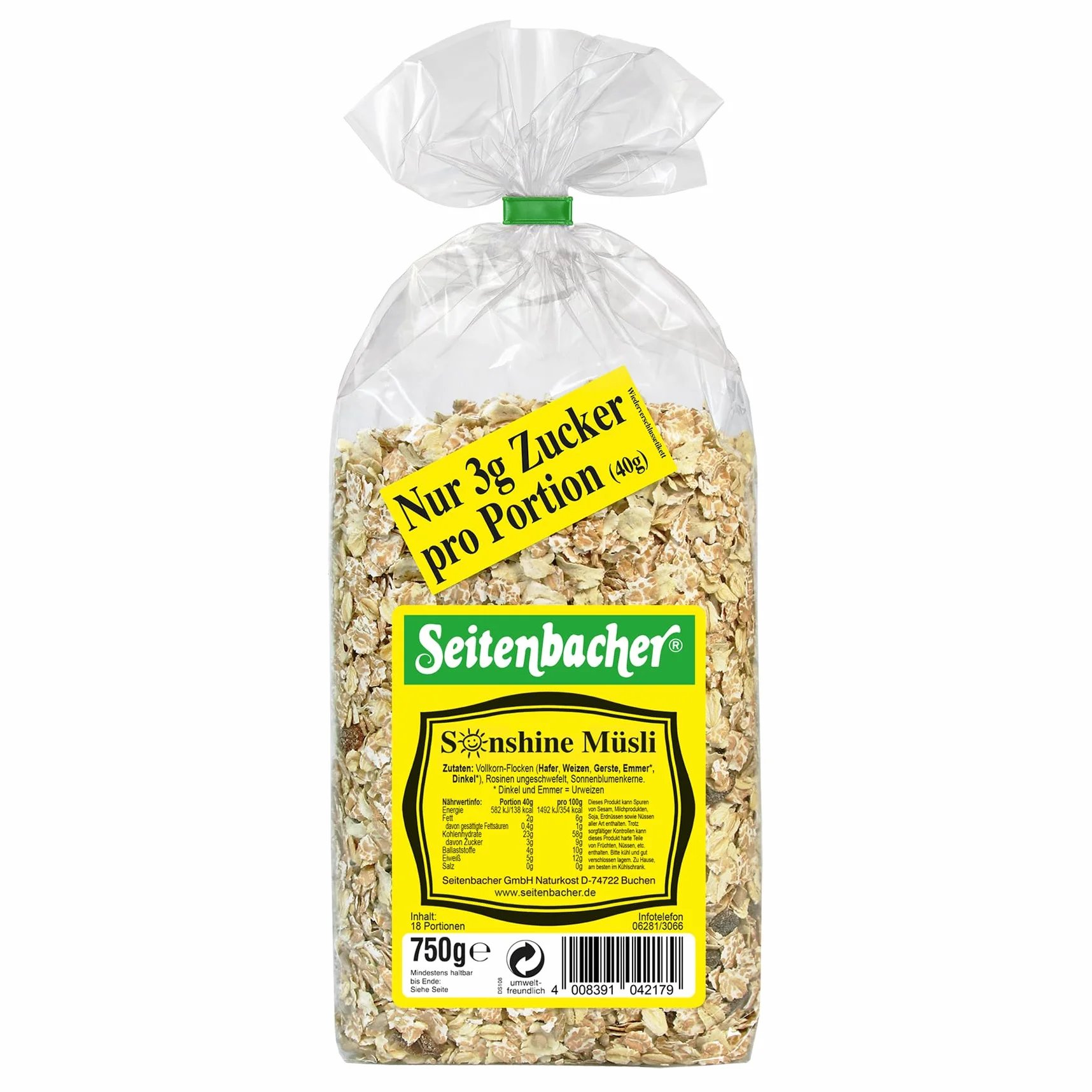 Seitenbacher Sonnen Müsli I 5 pełnoziarnistych zbóż I bez dodatku cukru I bez dodatku tłuszczu I (3 x 750 g)