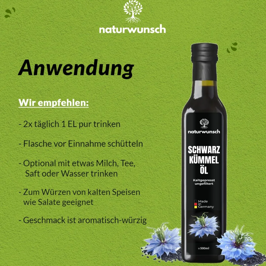 naturwunsch Olej z czarnuszki 500 ml, niefiltrowany, tłoczony na zimno, świeżo wyprodukowany w Niemczech – oryginalny Nigella Sativa
