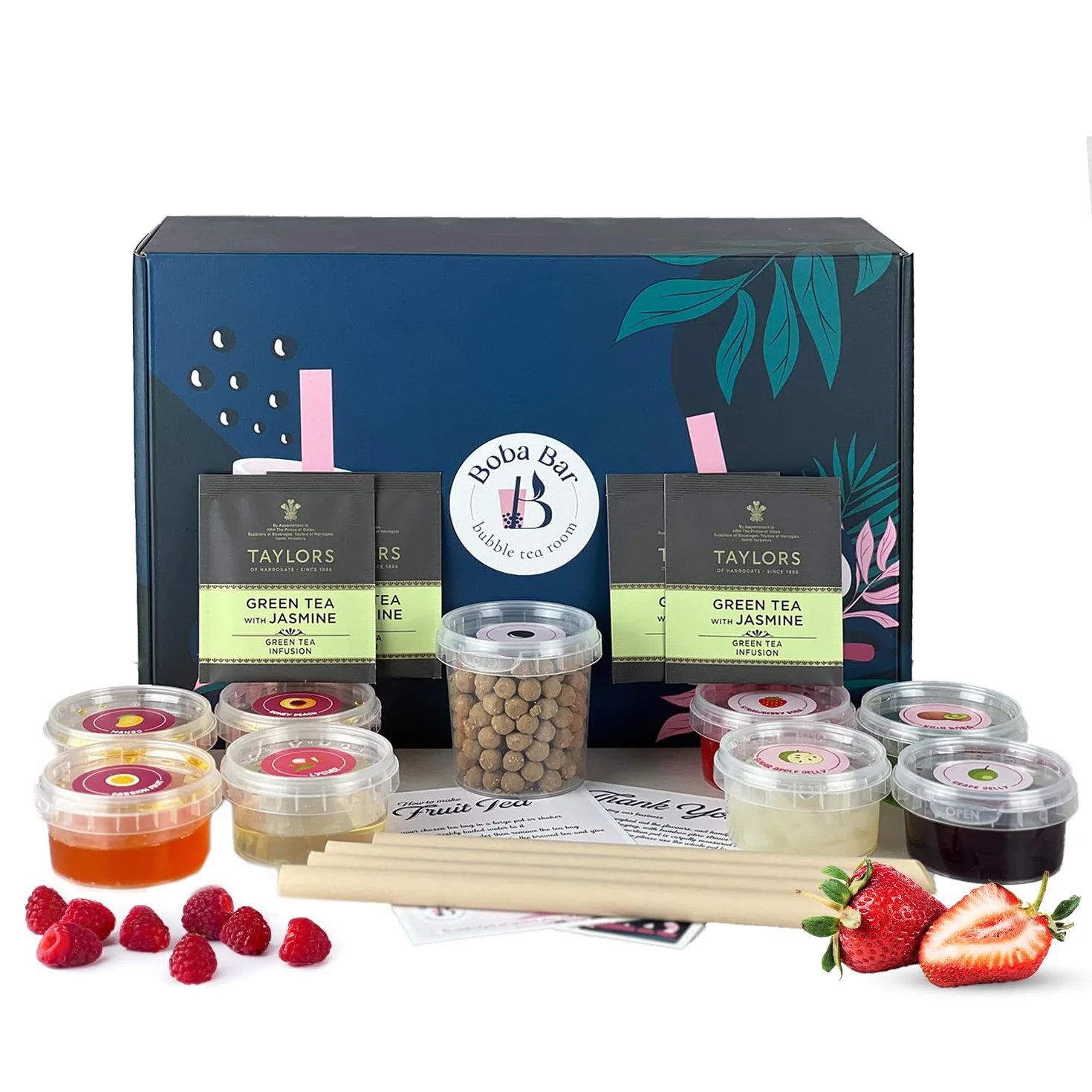 Egzotyczne Eskapady - Zestaw Owocowej Bubble Tea | 4 Smaki Herbat Owocowych | 4 - Popping Boba i dodatki do galaretek | Wegańskie i bezglutenowe (dla 4 osób) | Herbata bąbelkowa z perłami tapioki