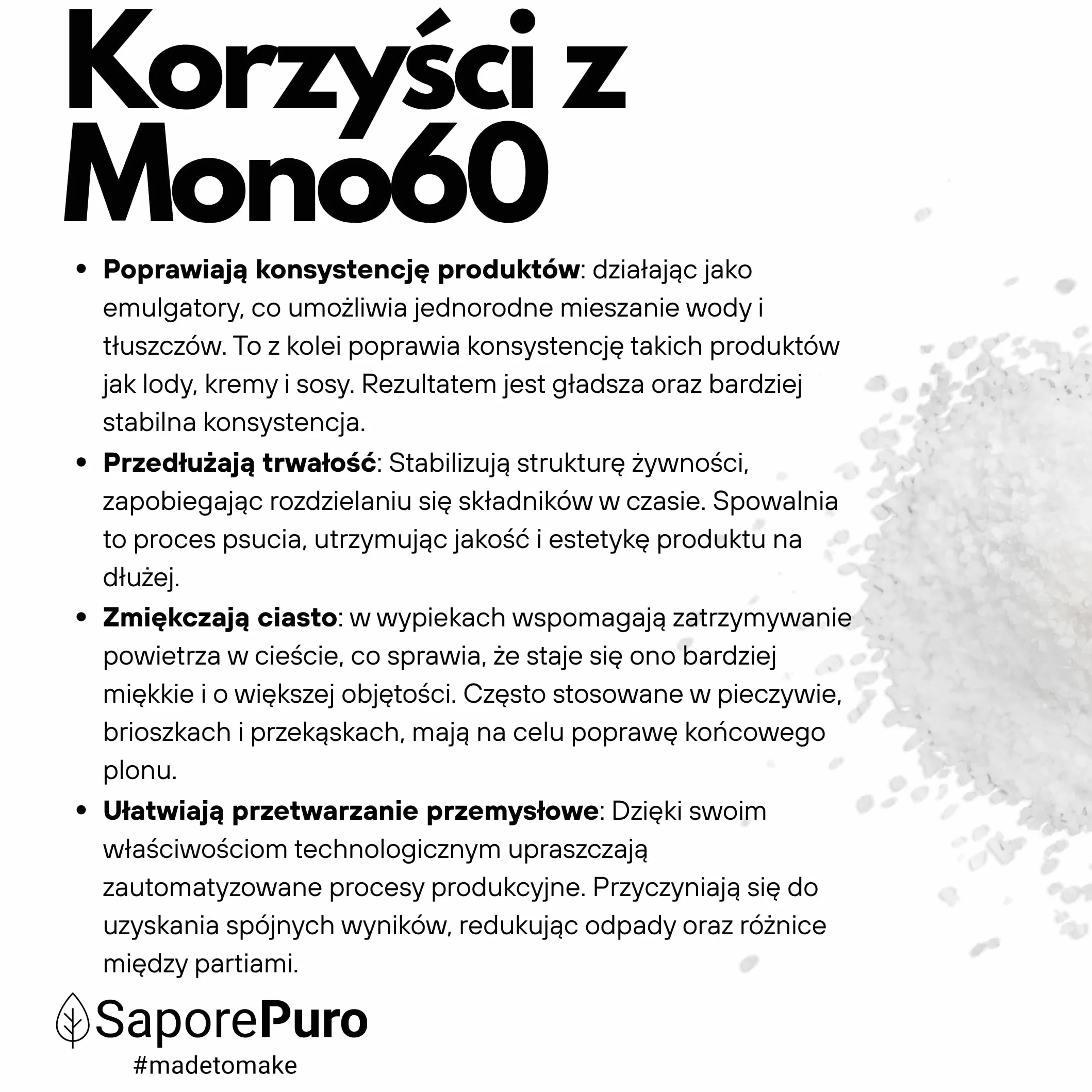 SaporePuro Mono60 – Mono- i Diglicerydy Kwasów Tłuszczowych 200 g – Roślinny, Bezglutenowy Emulgator Spożywczy do Lodów, Sorbetów, Margaryn, Kremów i Wyrobów Cukierniczych