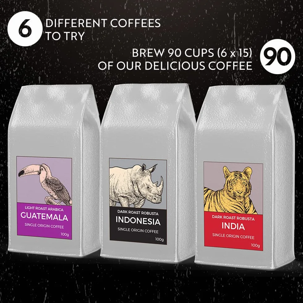 Zestaw Kawa Mielona COFFEES OF THE WORLD 600g (6 x 100g) 6 Kaw Jednorodnych
