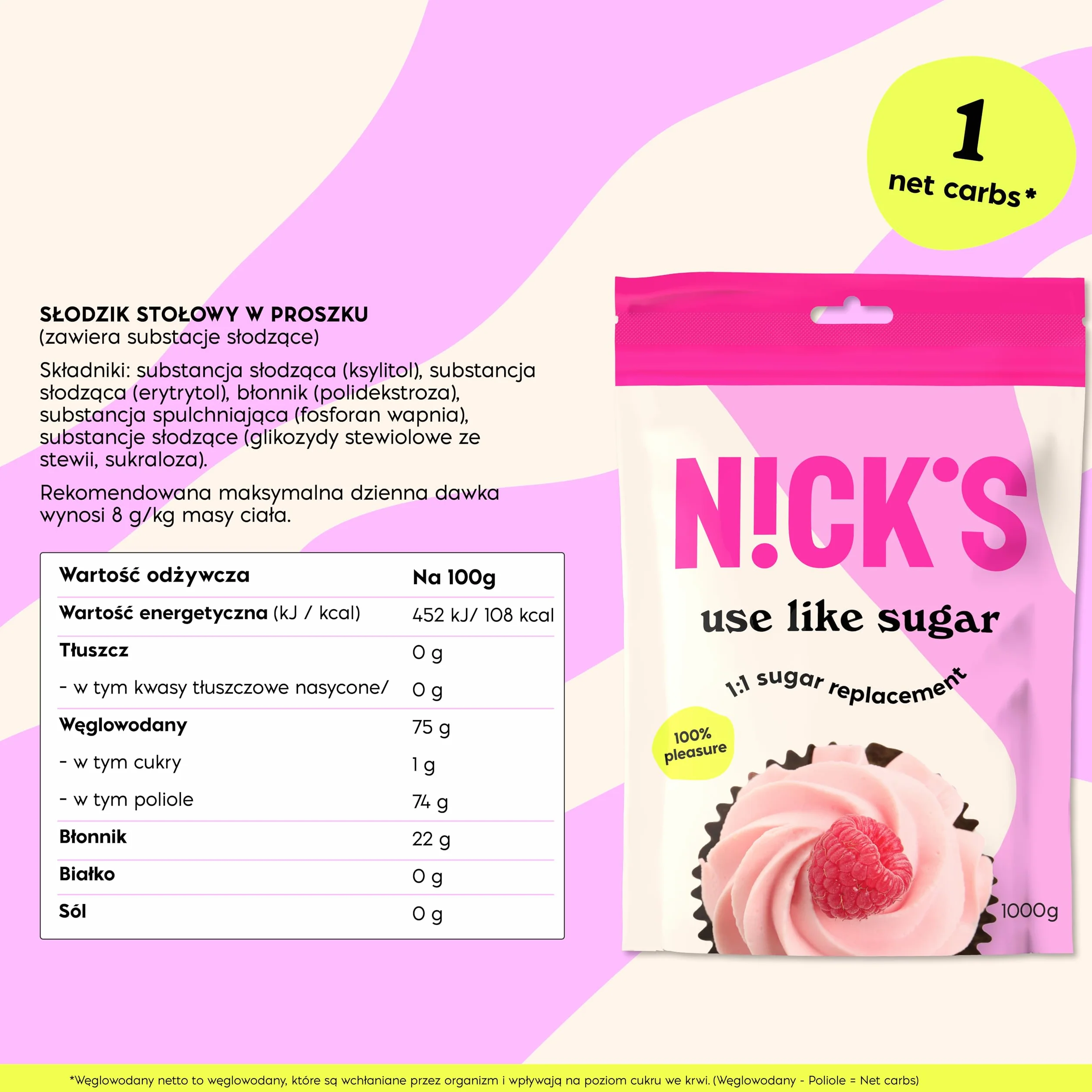NICKS Use like sugar, idealna substancja słodząca do pieczenia mieszanka ksylitolu, erytrytolu, stewii i polidekstrozy, 1 do 1 niskokaloryczny zamiennik cukru, 1 kg