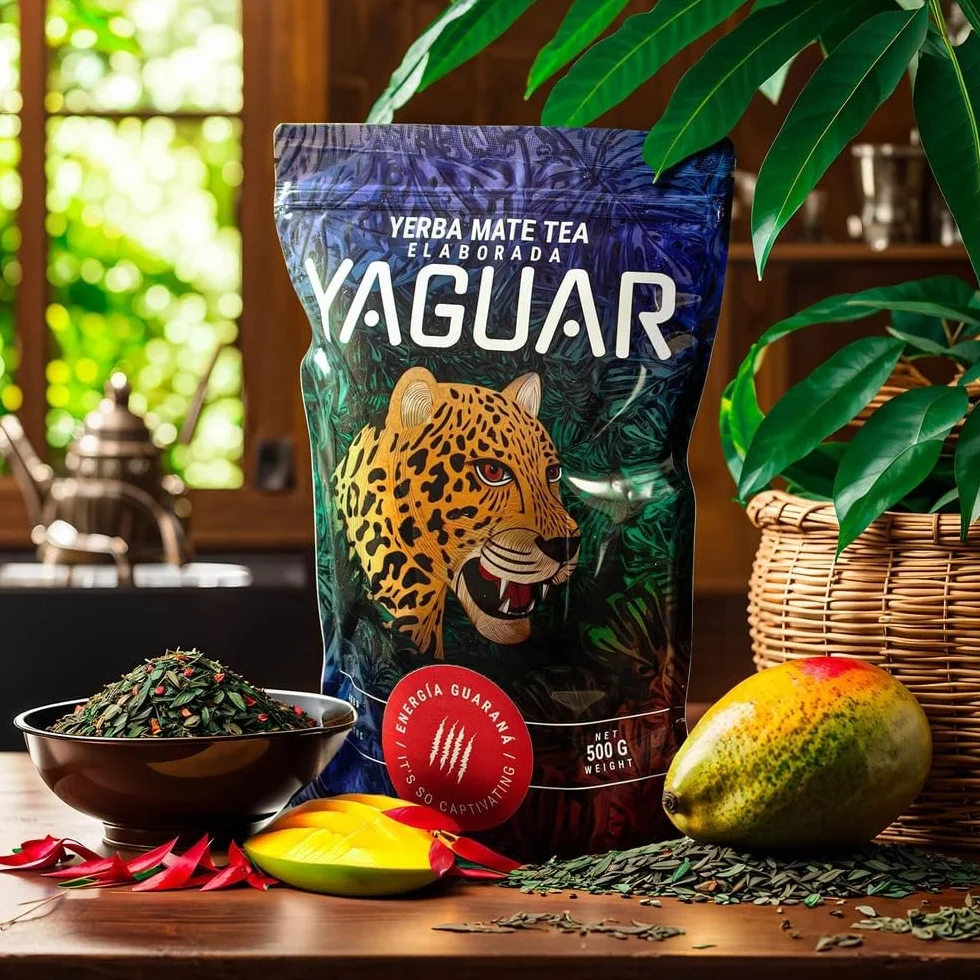 Yaguar Energia Guarana 0,5 kg | Mocno pobudzająca yerba mate z Brazylii | Wspaniały smak | Moc naturalnej kofeiny | Herbata Yerba Mate z guaraną 500 g | Tradycyjne metody produkcji