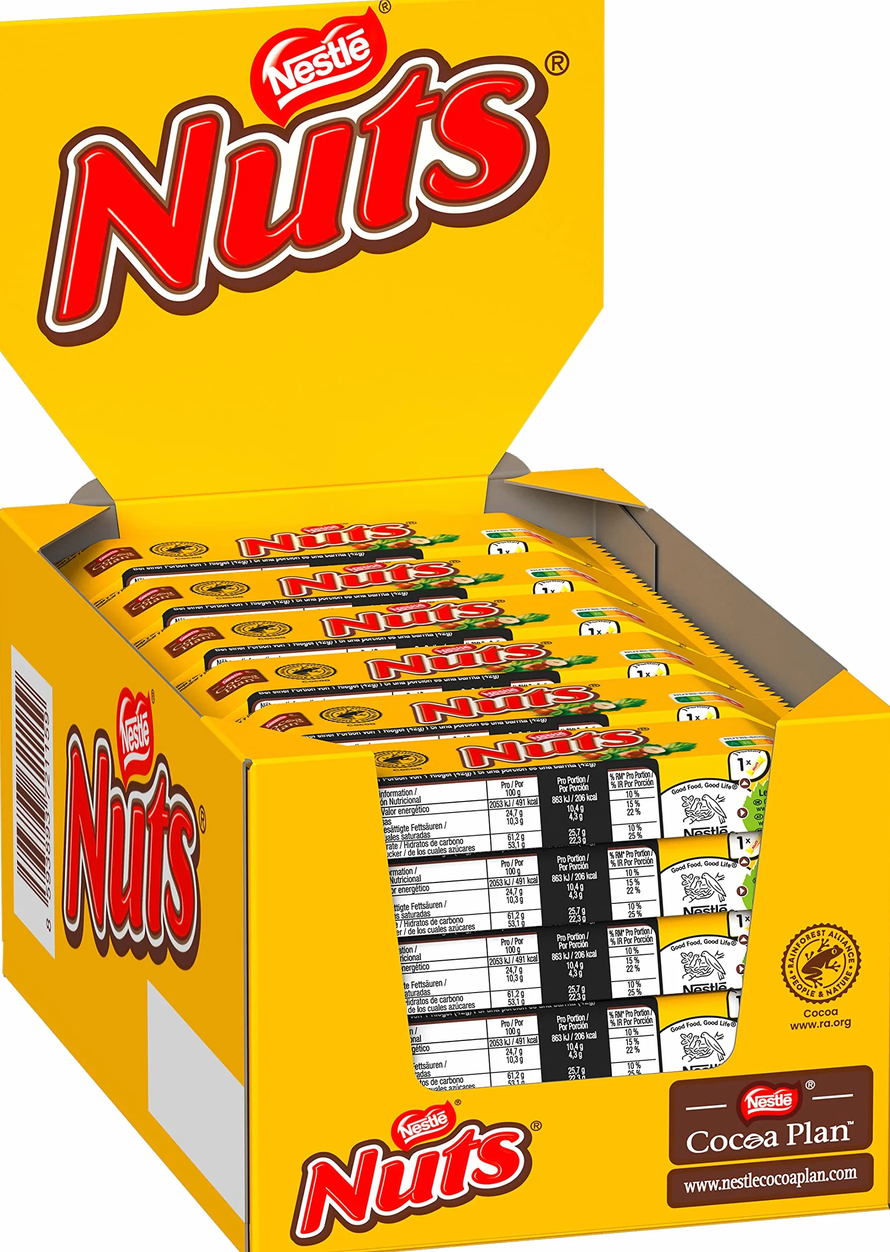 Nestle Nuts Batonik czekoladowy, klasyk z całymi orzechami laskowymi i karmelem, otoczony mleczną czekoladą, 24 sztuki w zestawie (24 x 42 g)