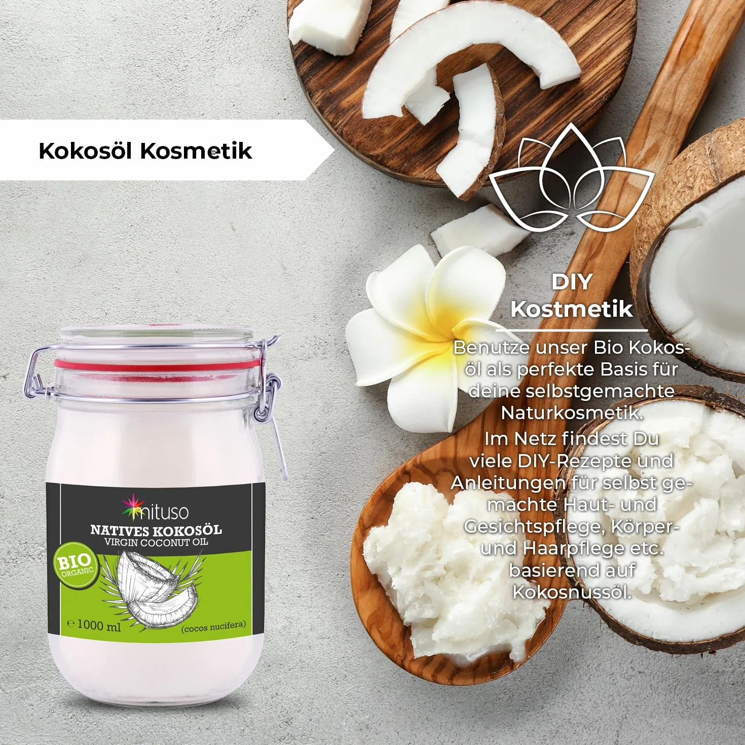 mituso Bio olej kokosowy, natywny, 1 opakowanie (1 x 1000 ml) w słoiku do prasowania