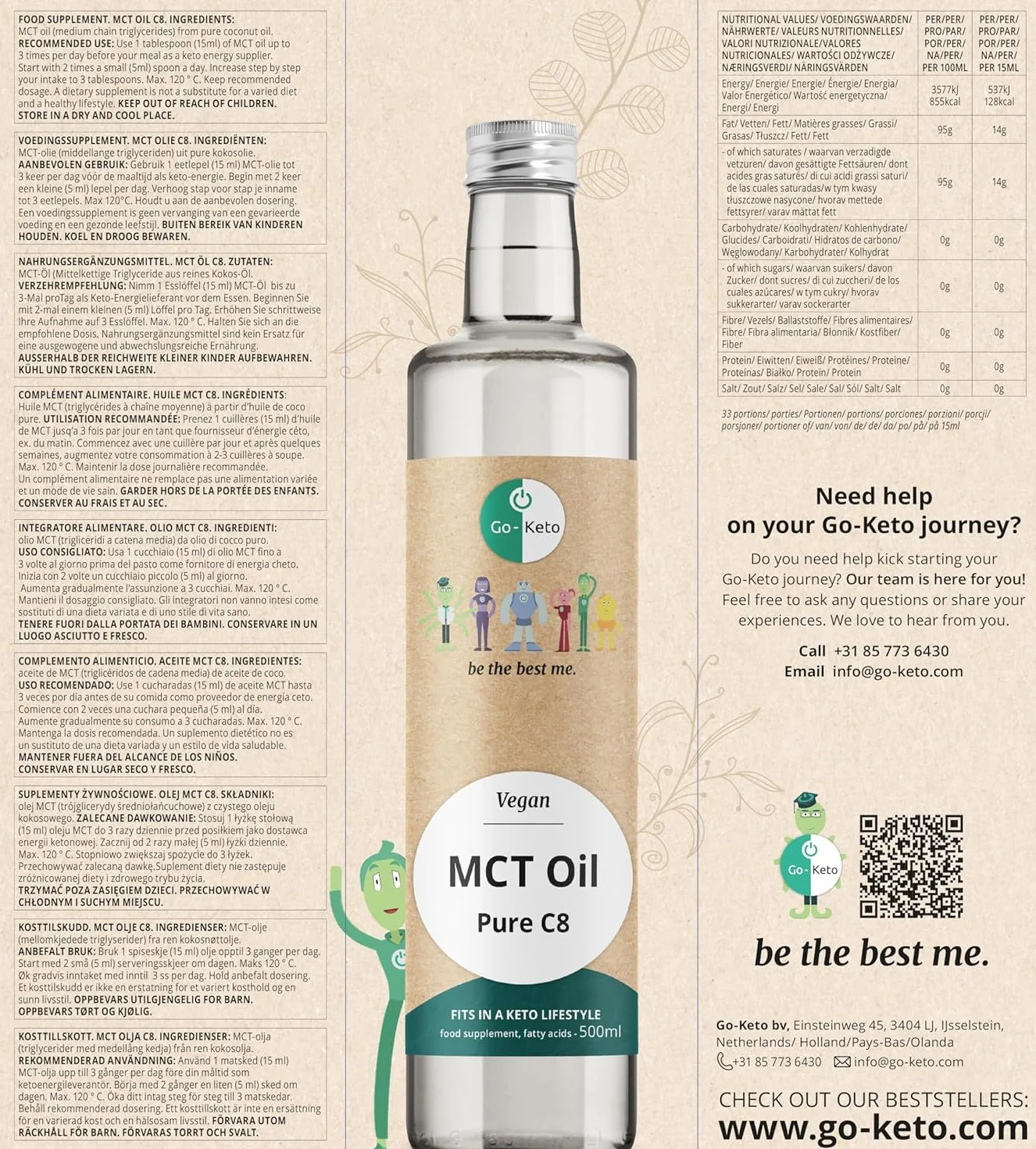 Go-Keto MCT Oil C8, 500 ml | Olej MCT C8, 100% olej kokosowy bez oleju palmowego | idealny do diety keto | idealny do kawy Bulletproof Coffee lub keto shake'a | wegański, no sugar