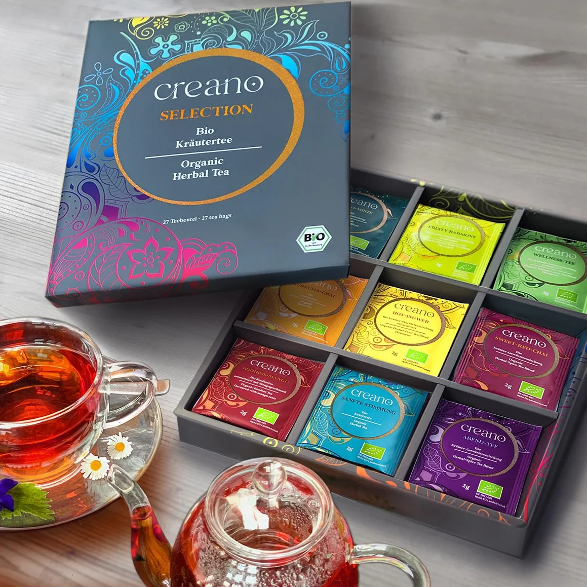 Zestaw prezentowy herbaty ziołowej Creano Organic „Herbata ziołowa organiczna” – 27 torebek herbaty organicznej w 9 różnych wariantach – 54 g – NOWOŚĆ*