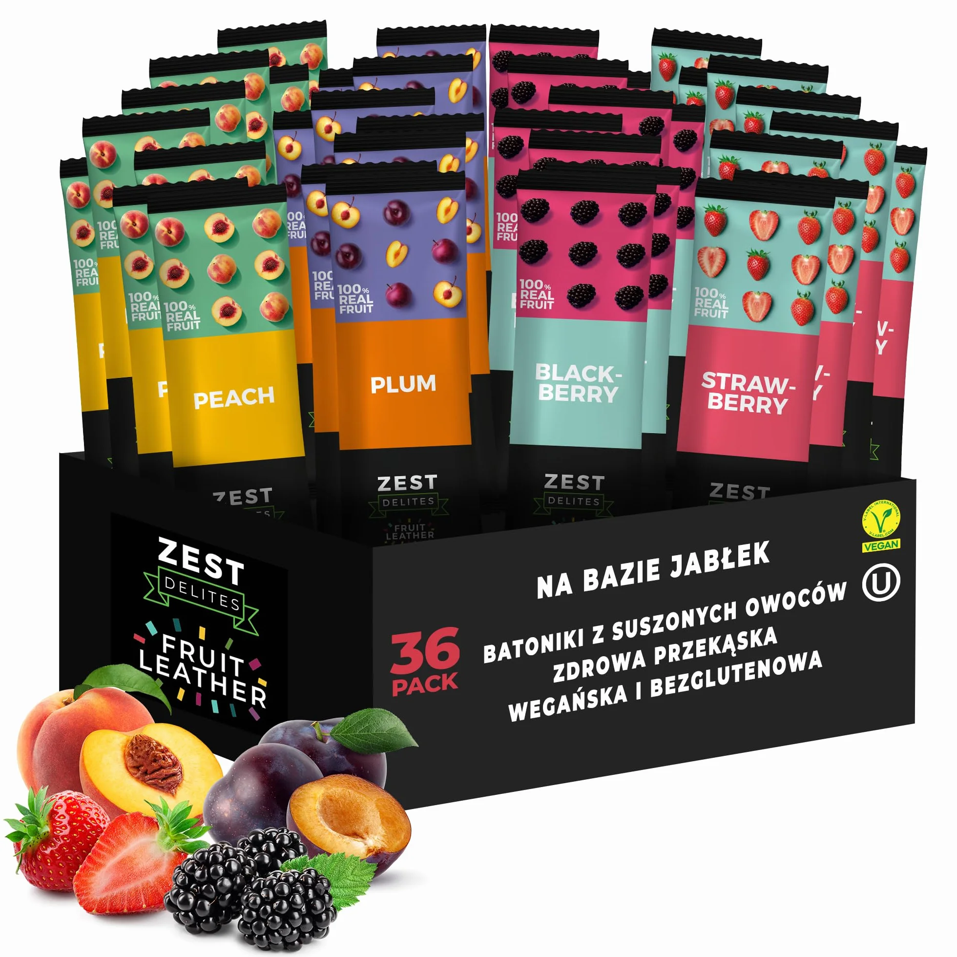 Zest Delites Fruit Leather Snacks, Gluten Free Vegan Healthy Snacks for Adults and Kids, Bulk Variety Snack Pack, 0.88 oz (Pack of 36) Strawberry, Blackberry, Apricot, Plum Fruit Bars
