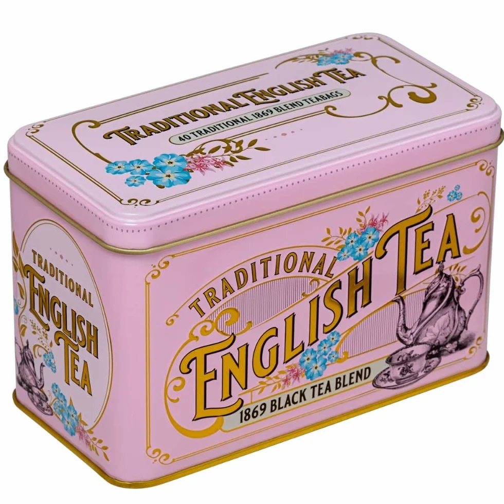 New English Teas Vintage wiktoriańska puszka na herbatę w kolorze różowym z 40 angielskimi śniadaniami 1869 mieszankowymi torebkami