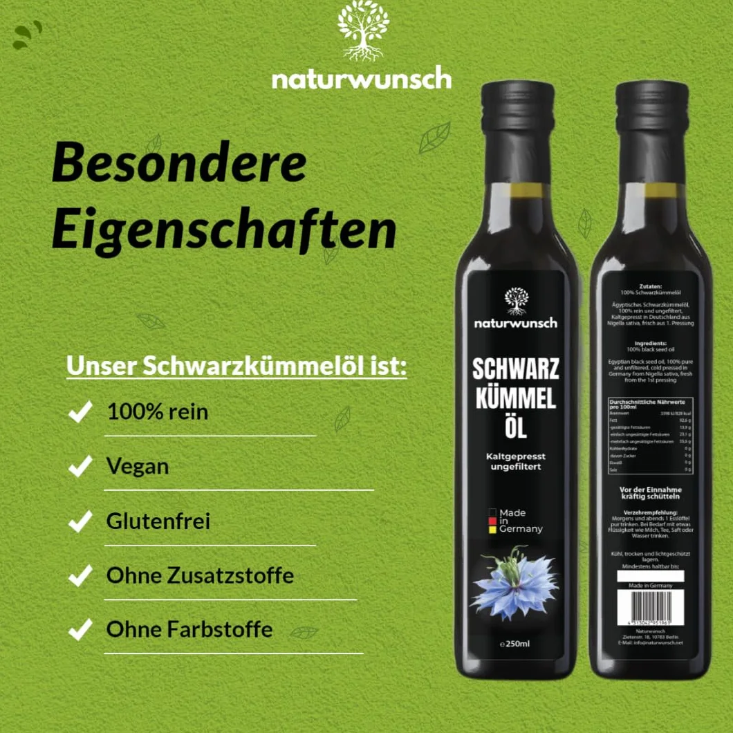 naturwunsch Olej z czarnuszki 250 ml, niefiltrowany, tłoczony na zimno, świeży z Niemiec, 100% czysty olejek z czarnuszki sativa