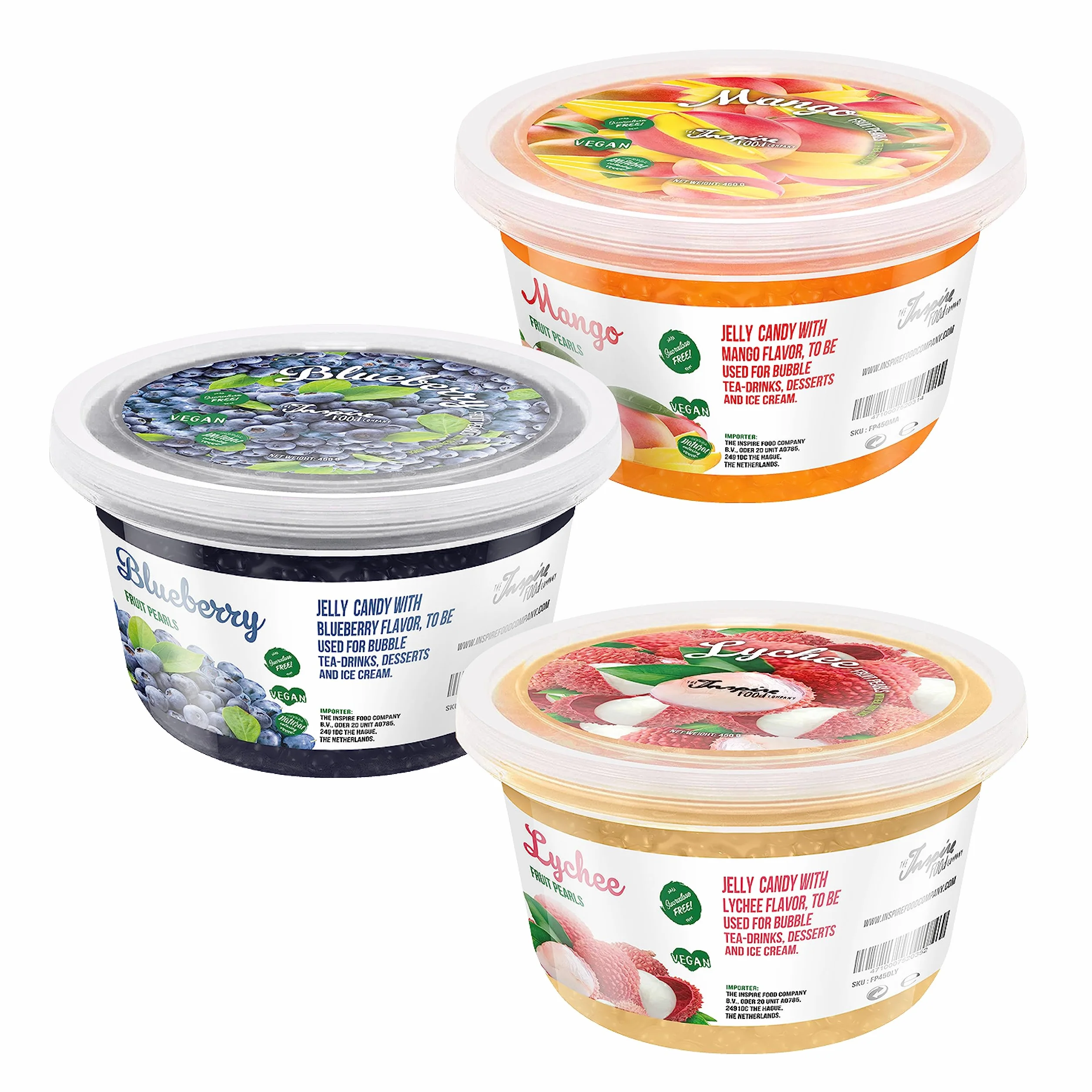 INSPIRE FOOD Popping Boba Variety Pack – liczi, jagody, mango (3 x 450 gm), bez sztucznych barwników, niższy poziom cukru, prawdziwy sok owocowy, w 100% wegański i bezglutenowy