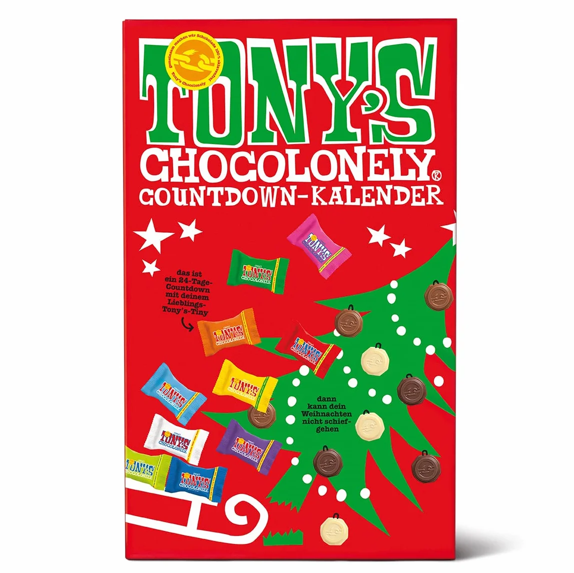 Kalendarz adwentowy TONY'S CHOCOLONELY Tiny Tony's 10 rodzajów czekolady Fairtrade 24 drzwiczki