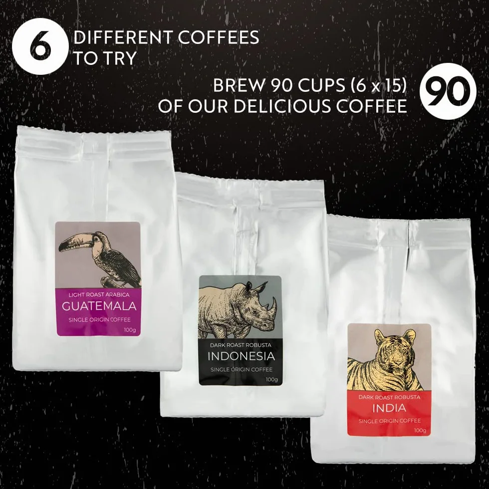Zestaw Prezentowy - COFFEES OF THE WORLD | Ziarna Kawy 600g (6 x 100g) - 6 Najwyższej Jakości Kaw Jednorodnych | Pomysł na Prezent dla niego lub dla niej