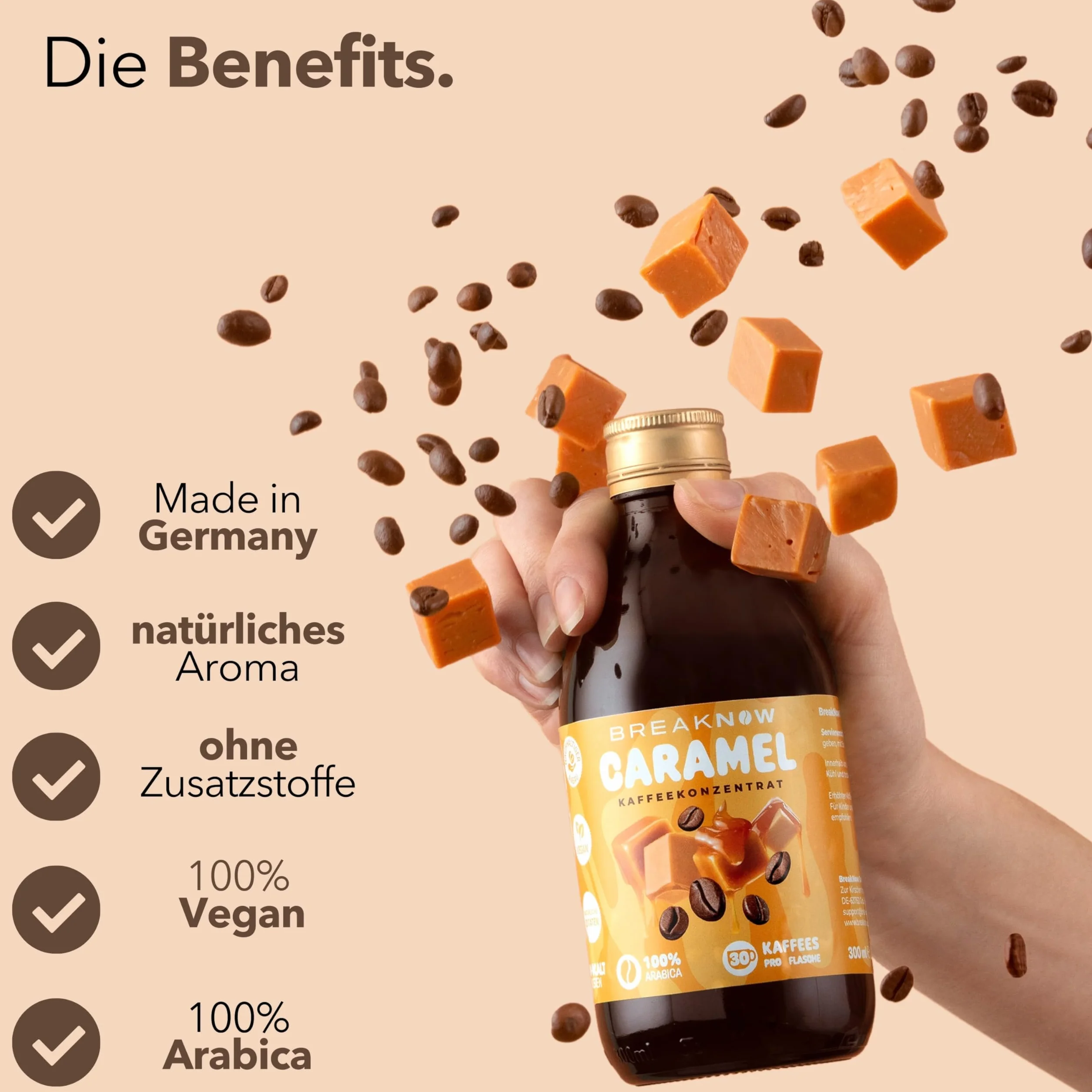BreakNow – Caramel Macchiato – koncentrat kawy – o pysznym karmelowym aromacie – syrop kawowy, do kawy mrożonej, Cold Brew, Cappuccino, Frappé itd. – kawa gotowa w zaledwie 10 sekund – 1 butelka = 30
