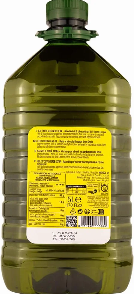 Olio Luglio - Oliwa z Oliwek z Pierwszego Tłoczenia (5 litry) | Olej do otowania i sos Sałatkowy | Butelka PET w Hurtowych Ilościach