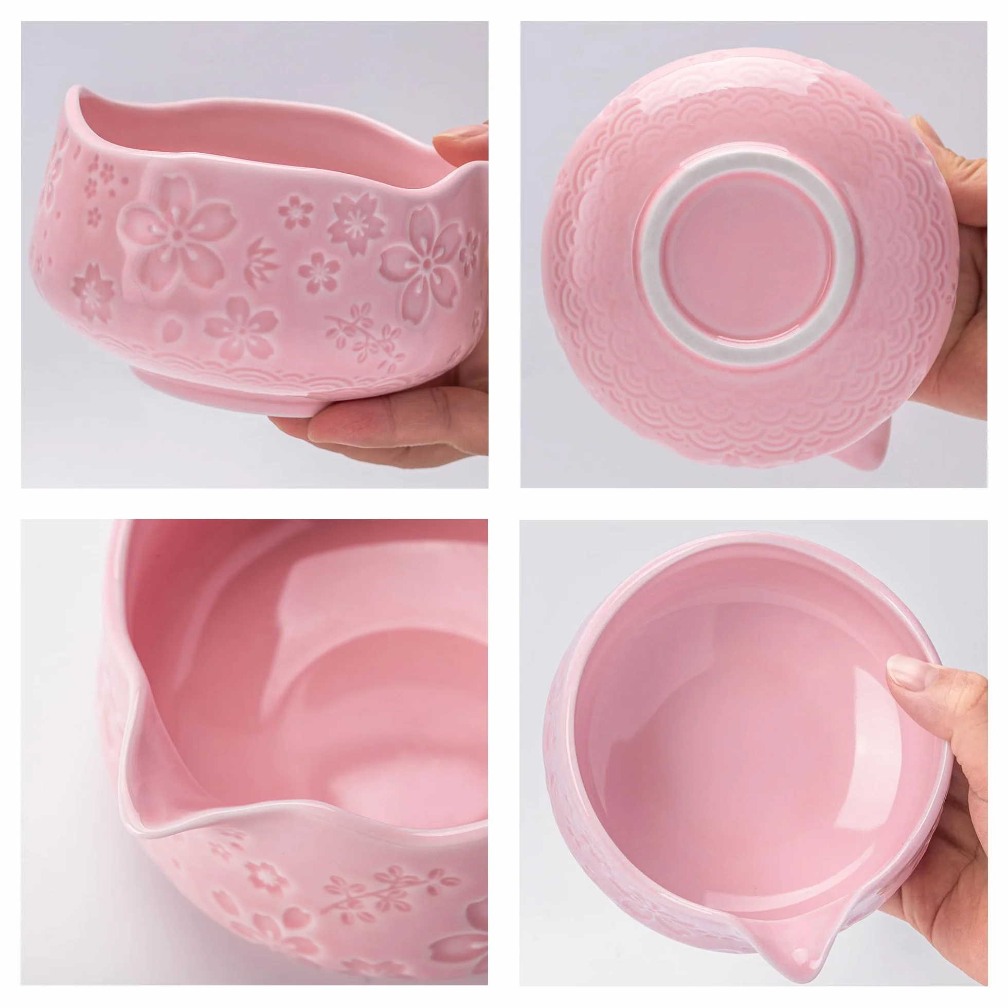TEANAGOO Zestaw 7 różowych trzepaczek do matcha z motywem kwiatu wiśni, kompletny zestaw ceremonii, ceramiczna miska do chawan z wylewką, trzepaczką i akcesoriami, tradycyjny zestaw do herbaty matcha