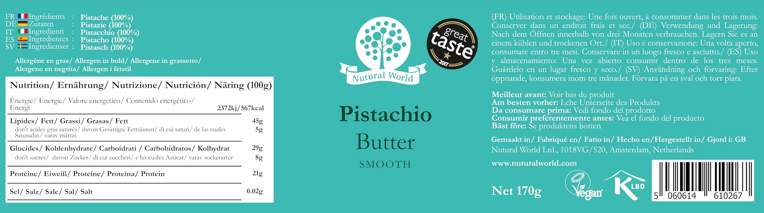 Nutural World - Kremowe masło pistacjowe, 100% czyste (170 g netto) w szklanym naczyniu - wegańskie, bez dodatku soli, cukru lub oleju palmowego - nagradzany produkt