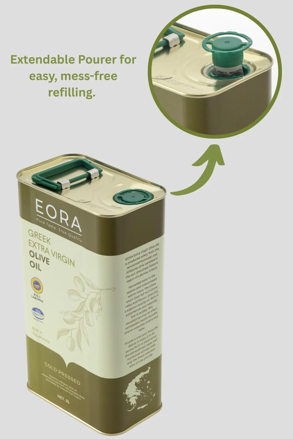 EORA Premium Grecka Oliwa z Oliwek Extra Virgin 3L (Nowe Zbiory 25/26) – wysoka zawartość polifenoli, tłoczona na zimno, bardzo niska kwasowość ~0,35% – jedno pochodzenie P.G.I. Lakonia.