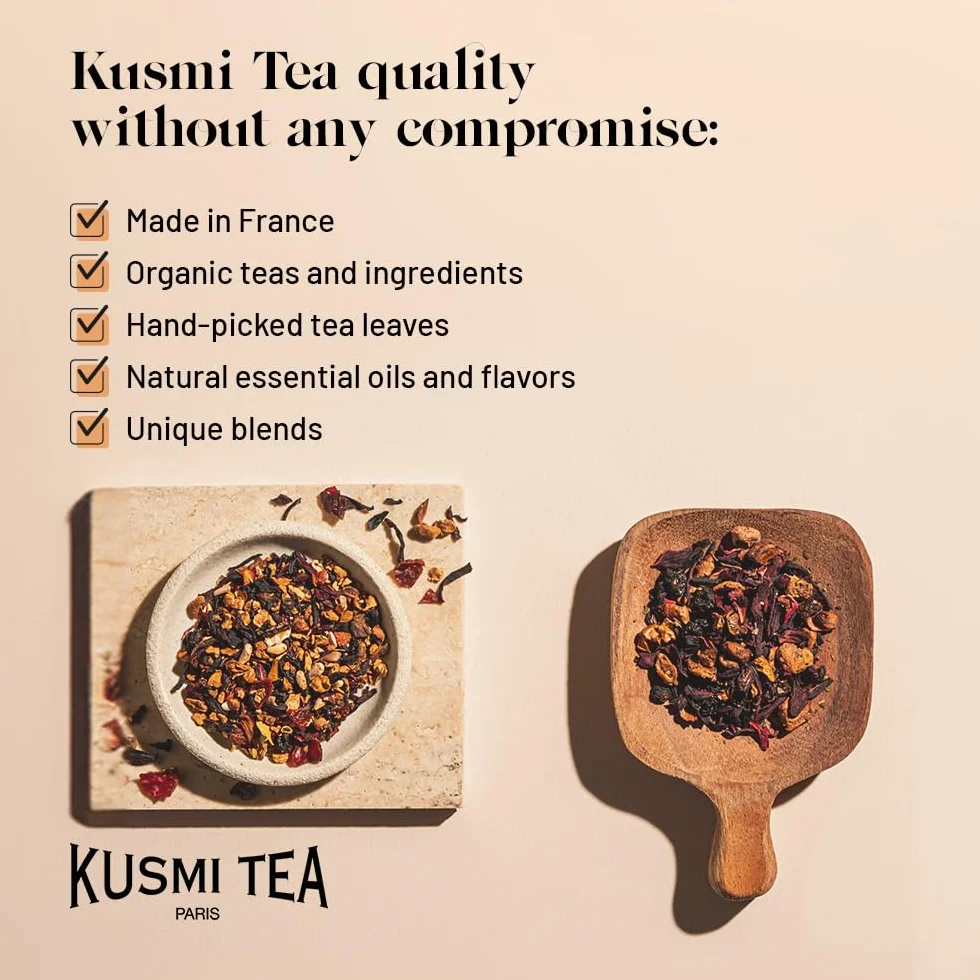 Kusmi Tea White Bellini organiczna biała herbata o smaku brzoskwini i moreli metalowa puszka 90 g