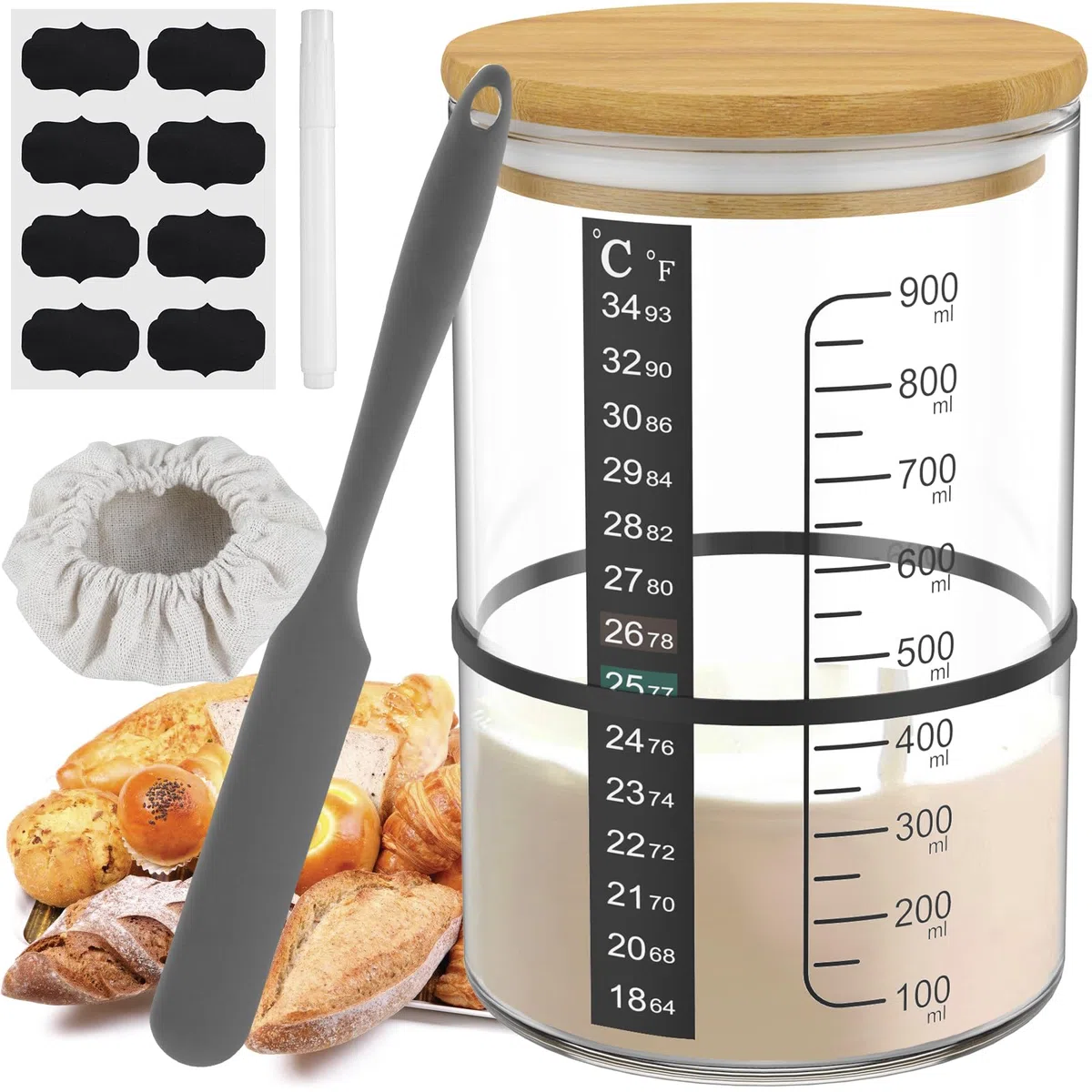 Sourdough zestaw startowy do zakwasu, 900 ml, 8 etykiet, długopis, silikonowa szpatułka, pojemnik z materiału, pojemnik na zakwas, do fermentacji