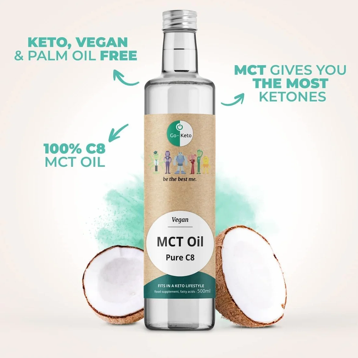 Go-Keto MCT Oil C8, 500 ml | Olej MCT C8, 100% olej kokosowy bez oleju palmowego | idealny do diety keto | idealny do kawy Bulletproof Coffee lub keto shake'a | wegański, no sugar