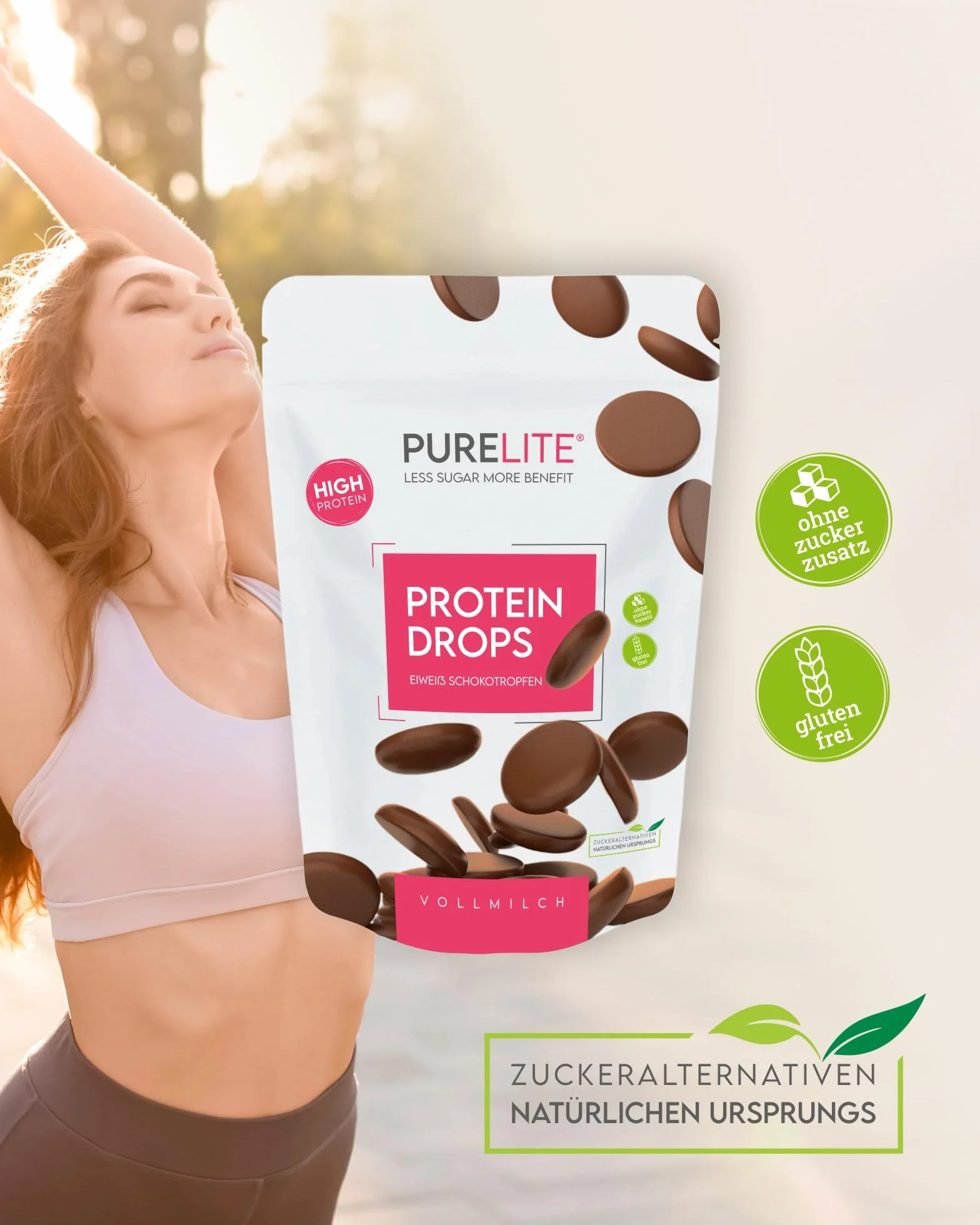 PURELITE Protein Drops Krople Czekoladowe Mleczne, bez cukru, wegetariańskie, słodzone erytrytolem i stewią, do roztapiania i pieczenia, kuwertura, 77% mniej cukru, niskokaloryczne, 450g