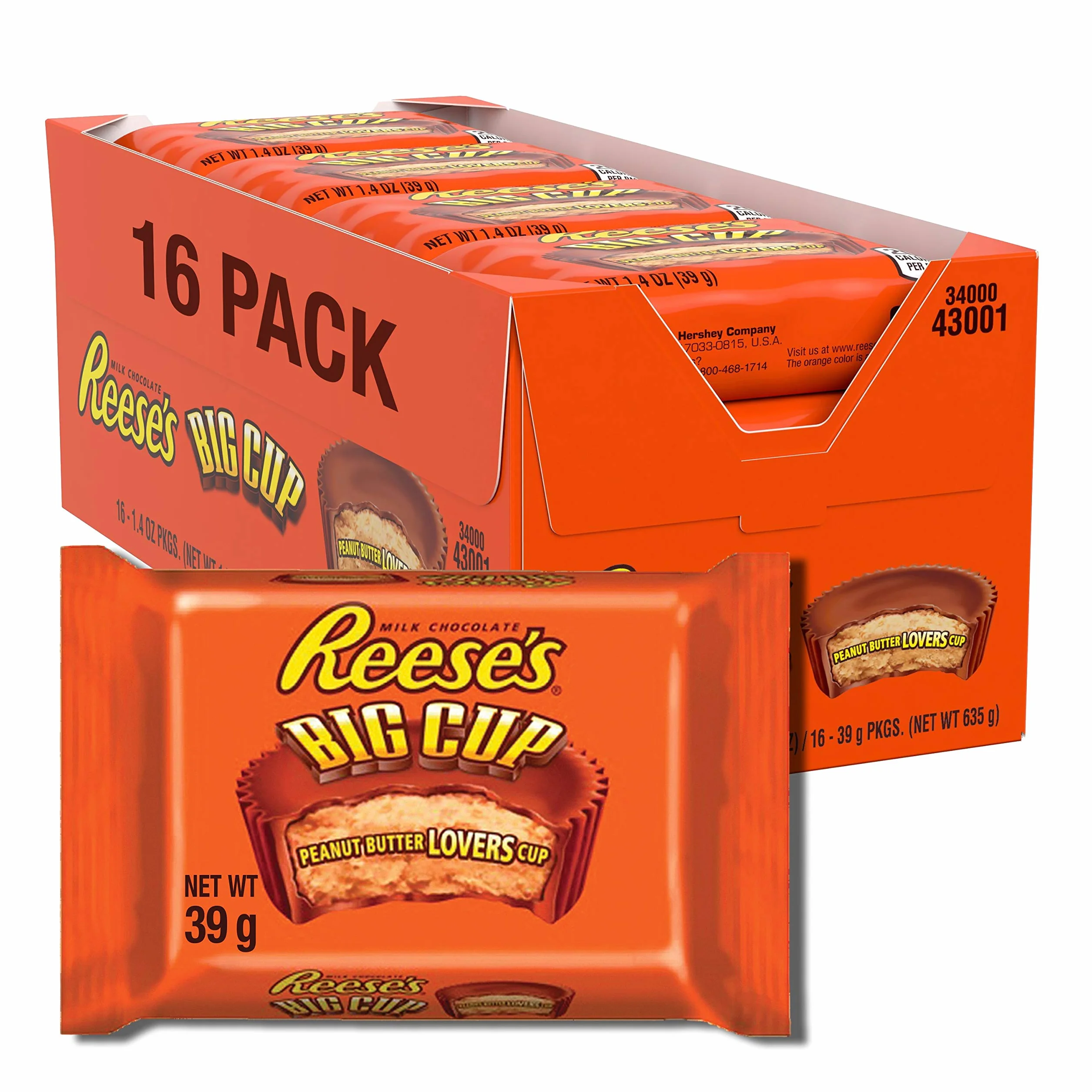 Reeses Big Cup Standard Bar – duży batonik z masłem orzechowym: 16 sztuk (16 x 39 g)