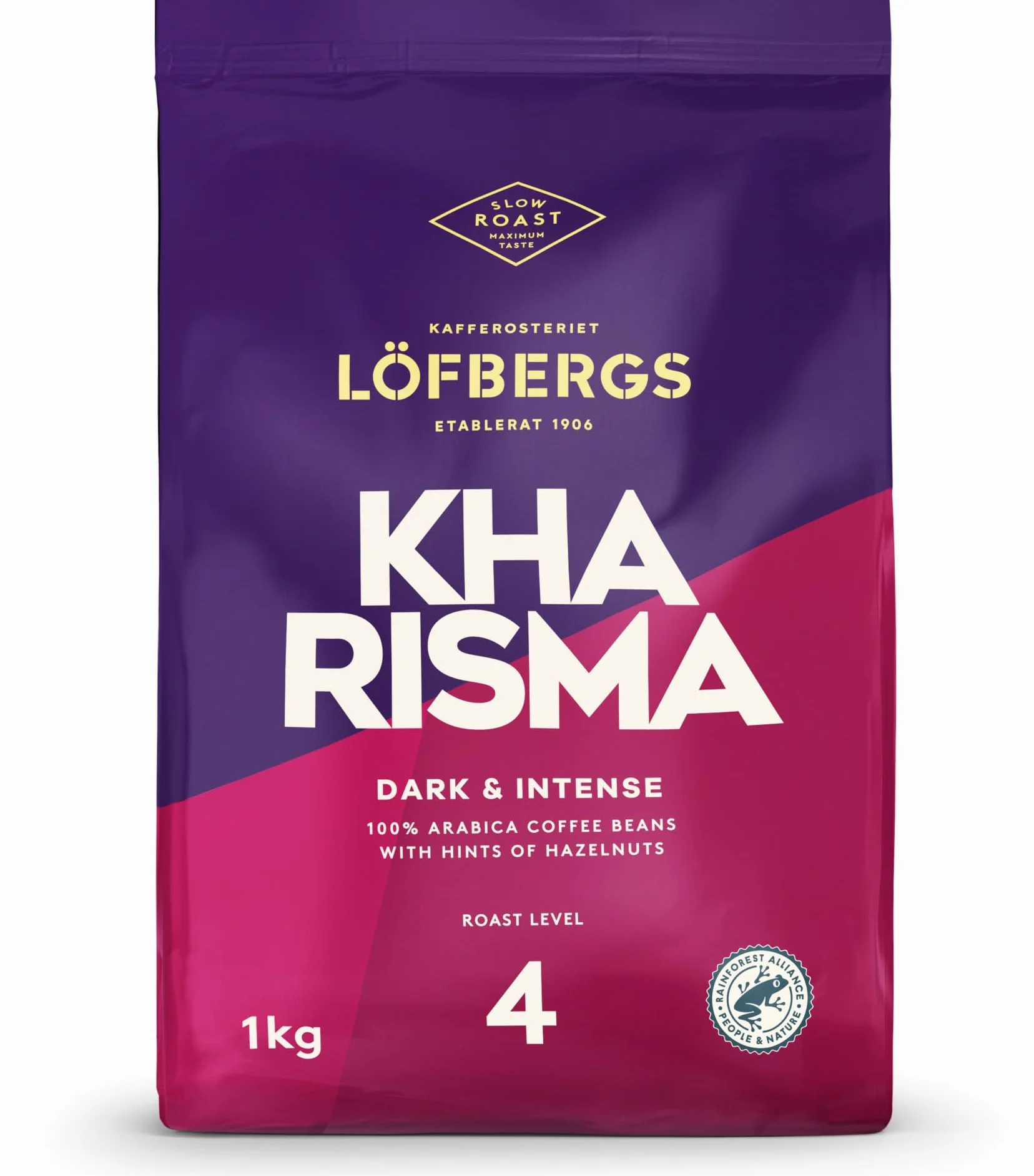 LÖFBERGS Kharisma, Kawa Ziarnista 100% Arabica, Ciemne Palenie, Intensywny Smak z Nutami Orzechów i Kakao, Certyfikat Rainforest Alliance, 1kg